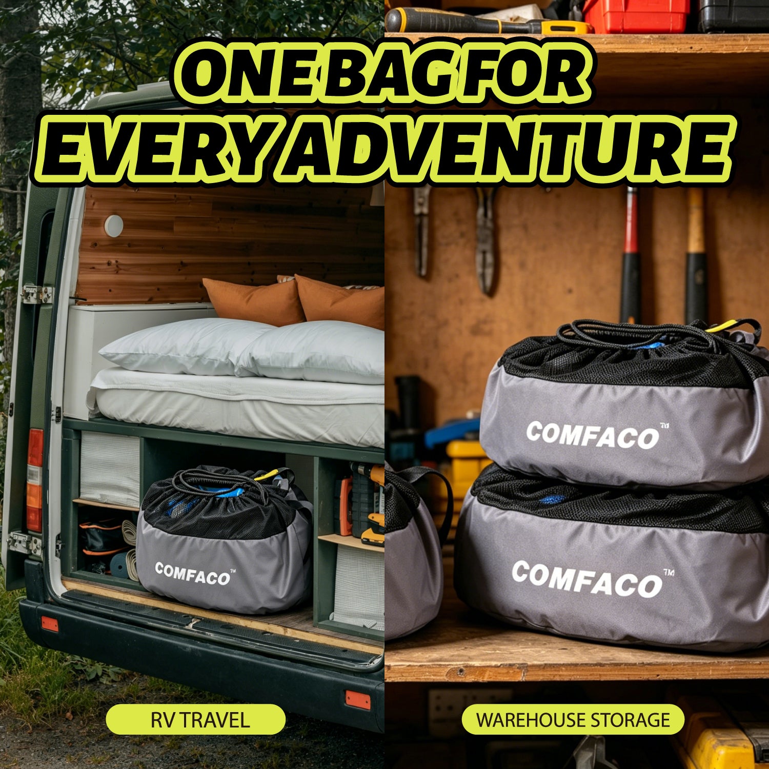 COMFACO RV Equipment Storage Bag, Camper Accessories for Outside, RV Hose Bag Storage, RV Utility Bag, Features Lined Interior with Breathable Mesh Top & Cinch Straps Write-on Label for RV Storage and Organization, 16” in Diameter x 10” Deep  (Pack of 6)