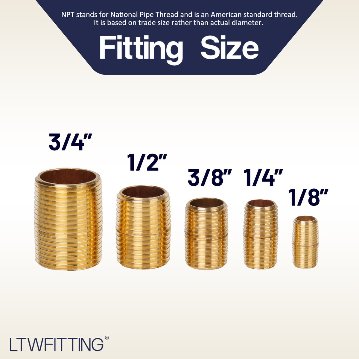 LTWFITTING Brass Close Nipple Kit 1/8,1/4,3/8,1/2,3/4-Inch NPT Male(10pcs)