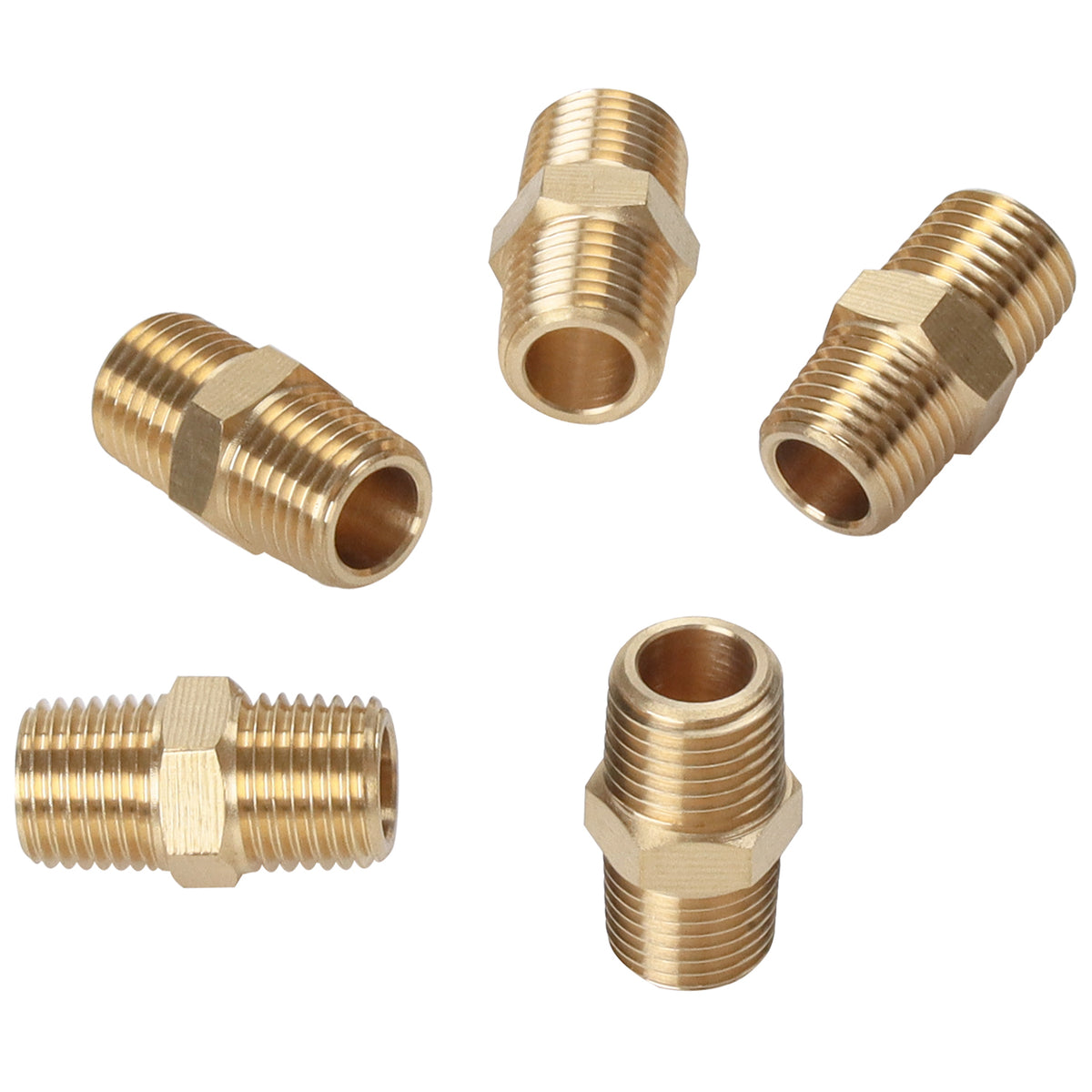 LTWFITTING Brass Pipe Hex Nipple Fitting 1/4 inch NPT x 1/4 inch BSPT Male (Pack of 5)