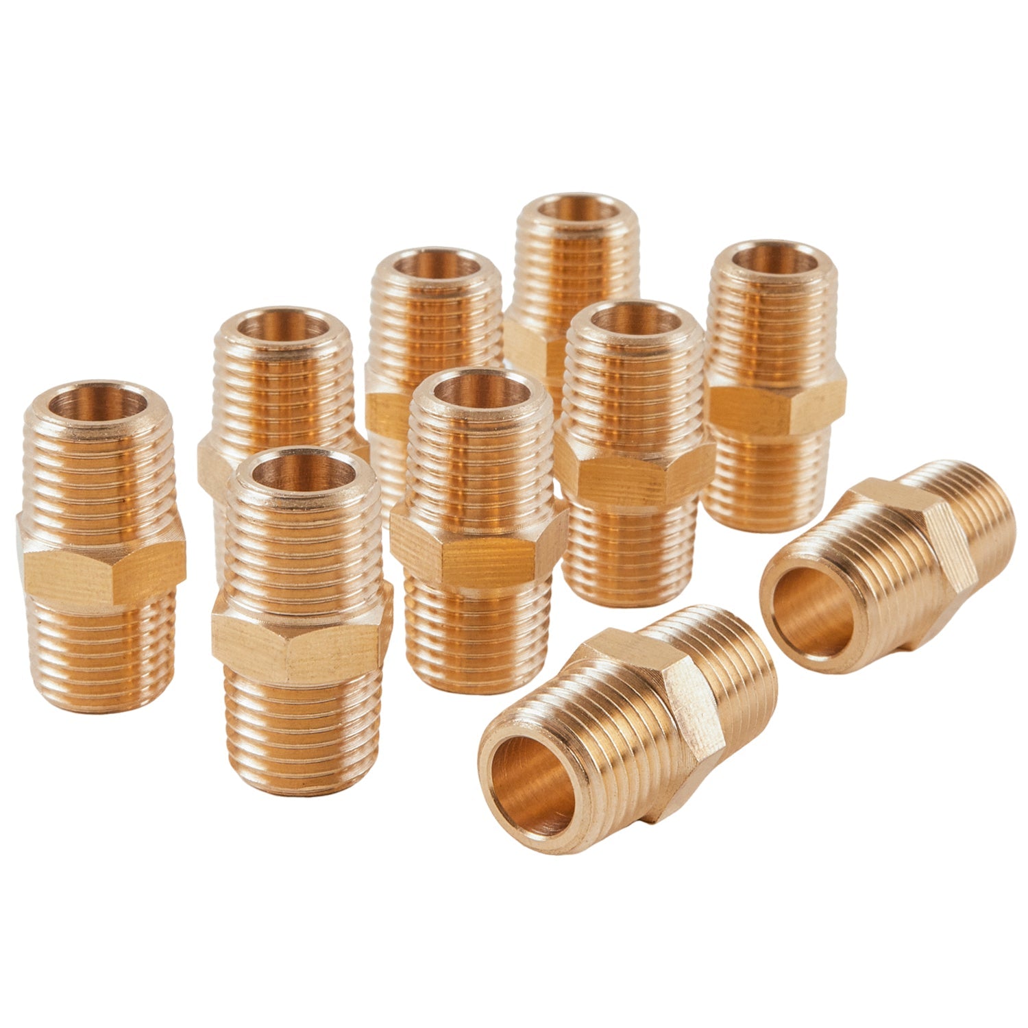 LTWFITTING Brass Pipe Hex Nipple Fitting 1/4 inch NPT x 1/4 inch BSPT Male (Pack of 10)