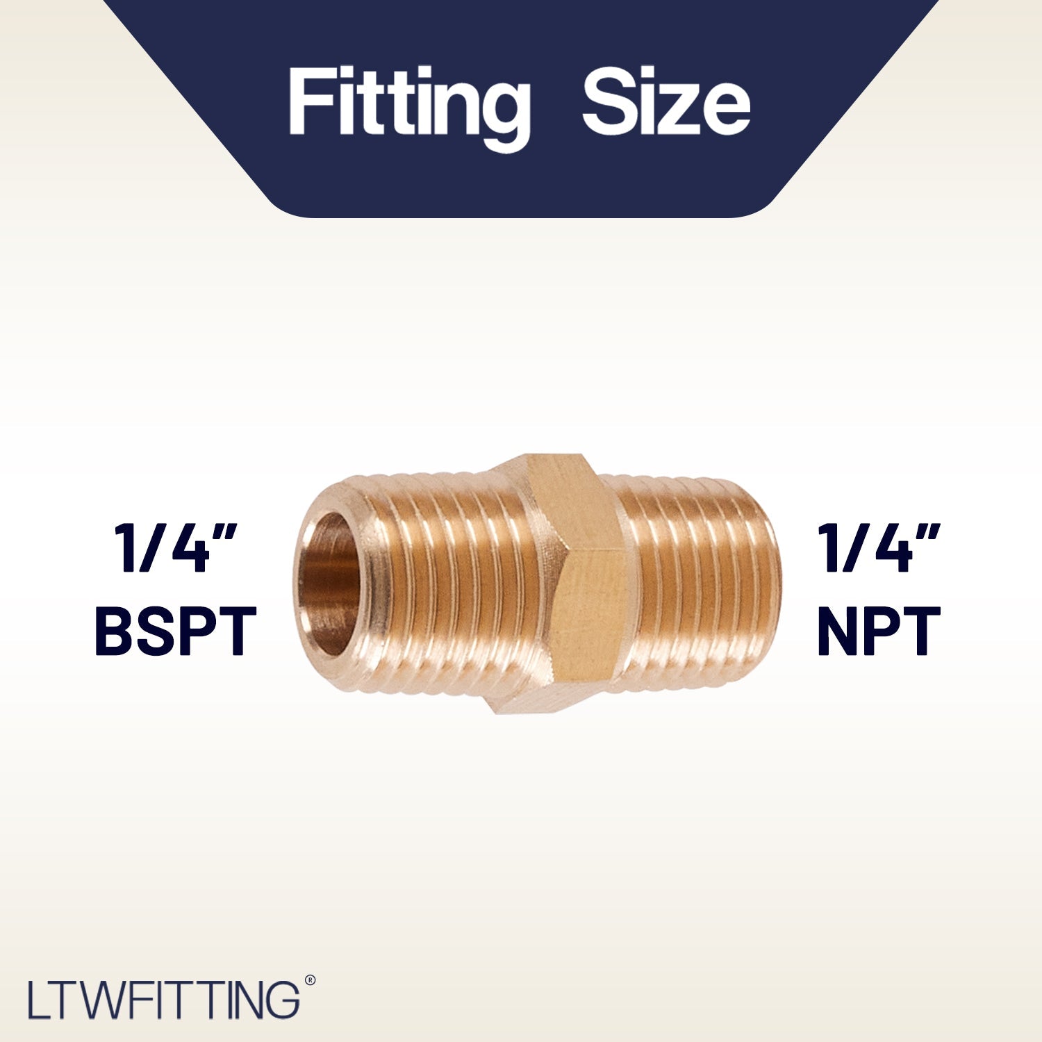 LTWFITTING Brass Pipe Hex Nipple Fitting 1/4 inch NPT x 1/4 inch BSPT Male (Pack of 25)