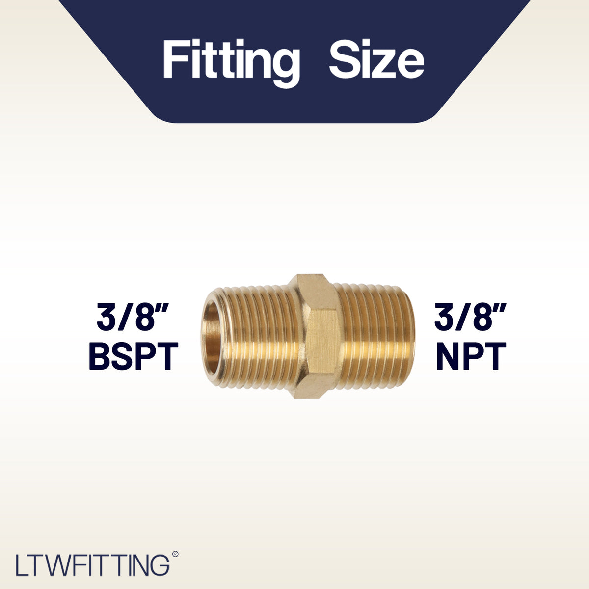 LTWFITTING Brass Pipe Hex Nipple Fitting 3/8 inch NPT x 3/8 inch BSPT Male (Pack of 2)