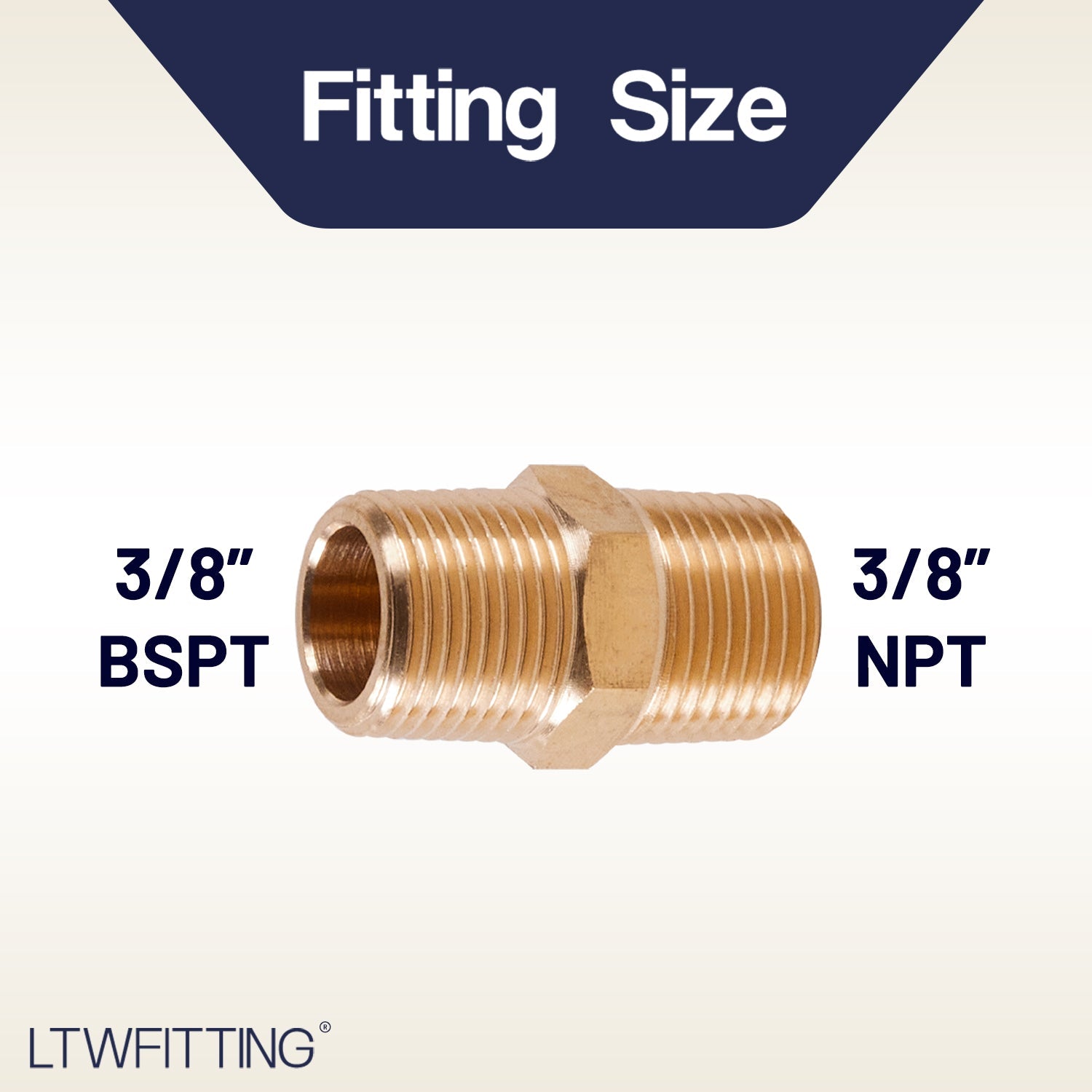 LTWFITTING Brass Pipe Hex Nipple Fitting 3/8 inch NPT x 3/8 inch BSPT Male (Pack of 200)
