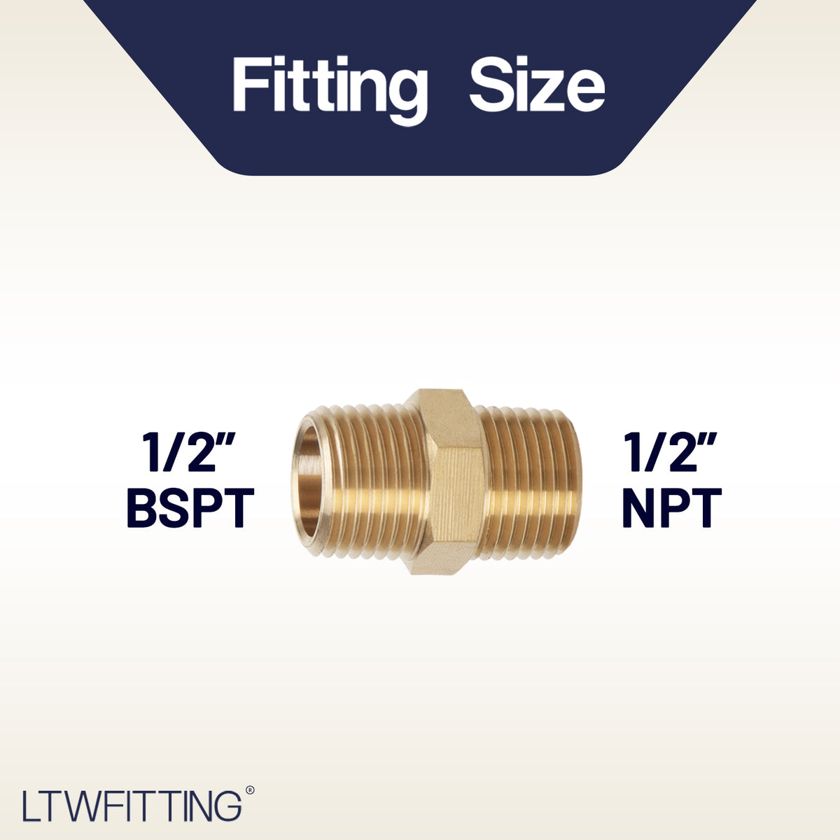 LTWFITTING Brass Pipe Hex Nipple Fitting 1/2 inch NPT x 1/2 inch BSPT Male (Pack of 2)