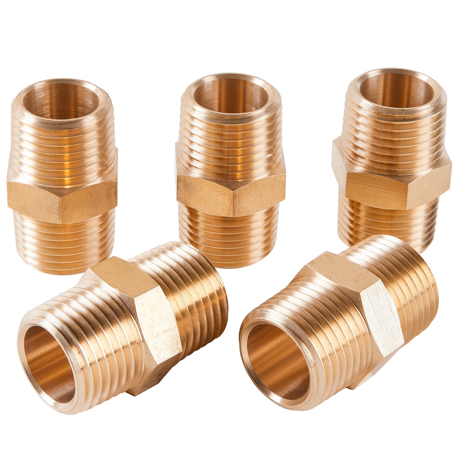 LTWFITTING Brass Pipe Hex Nipple Fitting 1/2 inch NPT x 1/2 inch BSPT Male (Pack of 5)