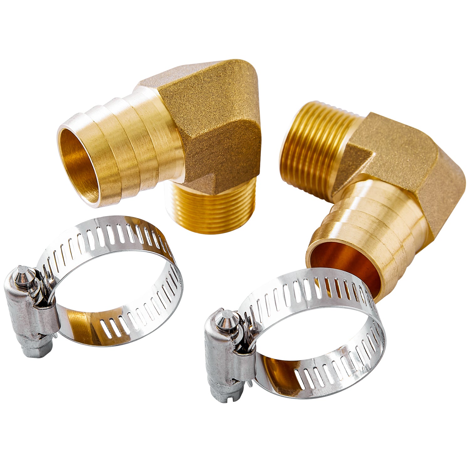 LTWFITTING 2 Sets Repair Kit Brass 1 Inch ID Hose x 3/4 Inch Male NPT Barb Elbow with 3/4¨C1-1/4 Inch (17-32mm) SS316 Hose Clamp for Garden Watering