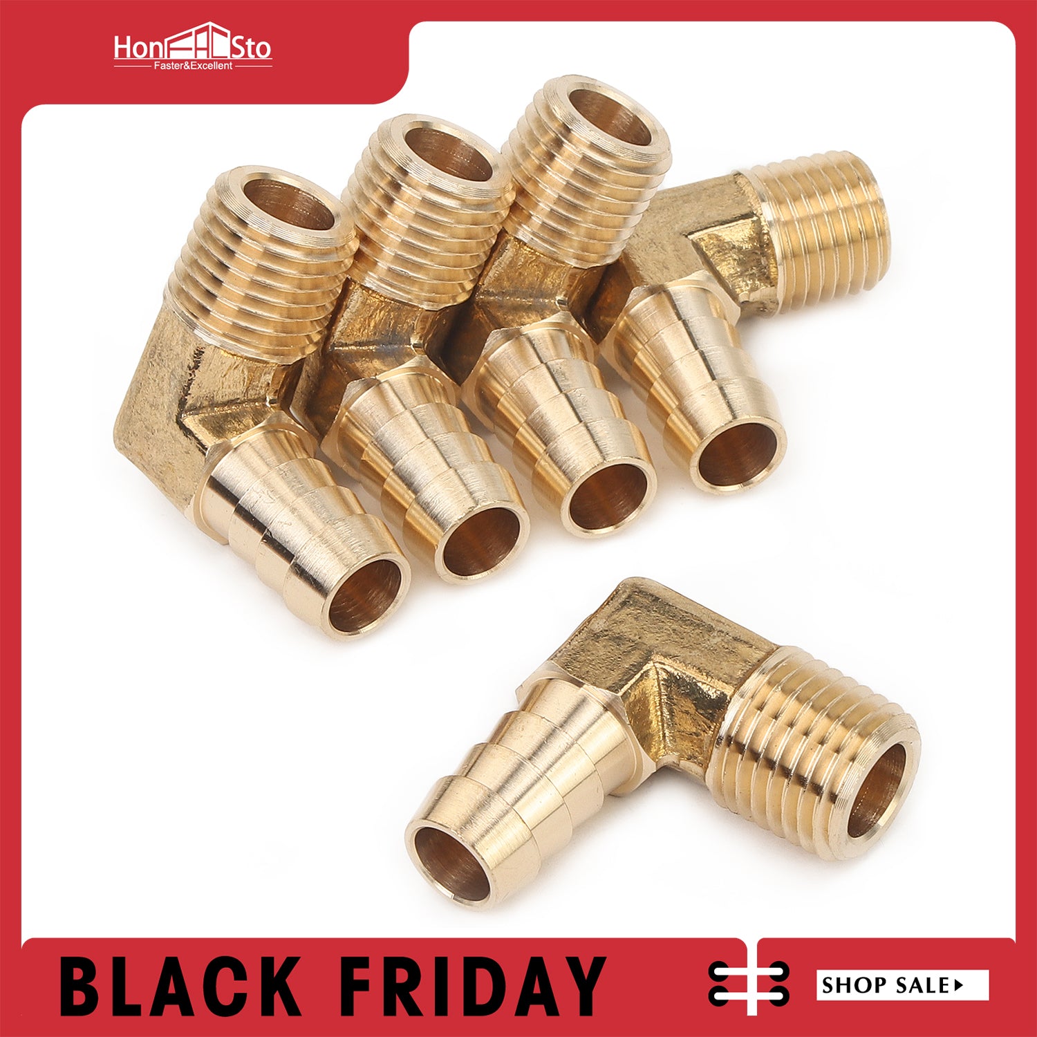 LTWFITTING 90 Degree Elbow Brass Barb Fitting 3/8 ID Hose x 1/4-Inch Male NPT Air Gas (Pack of 5)