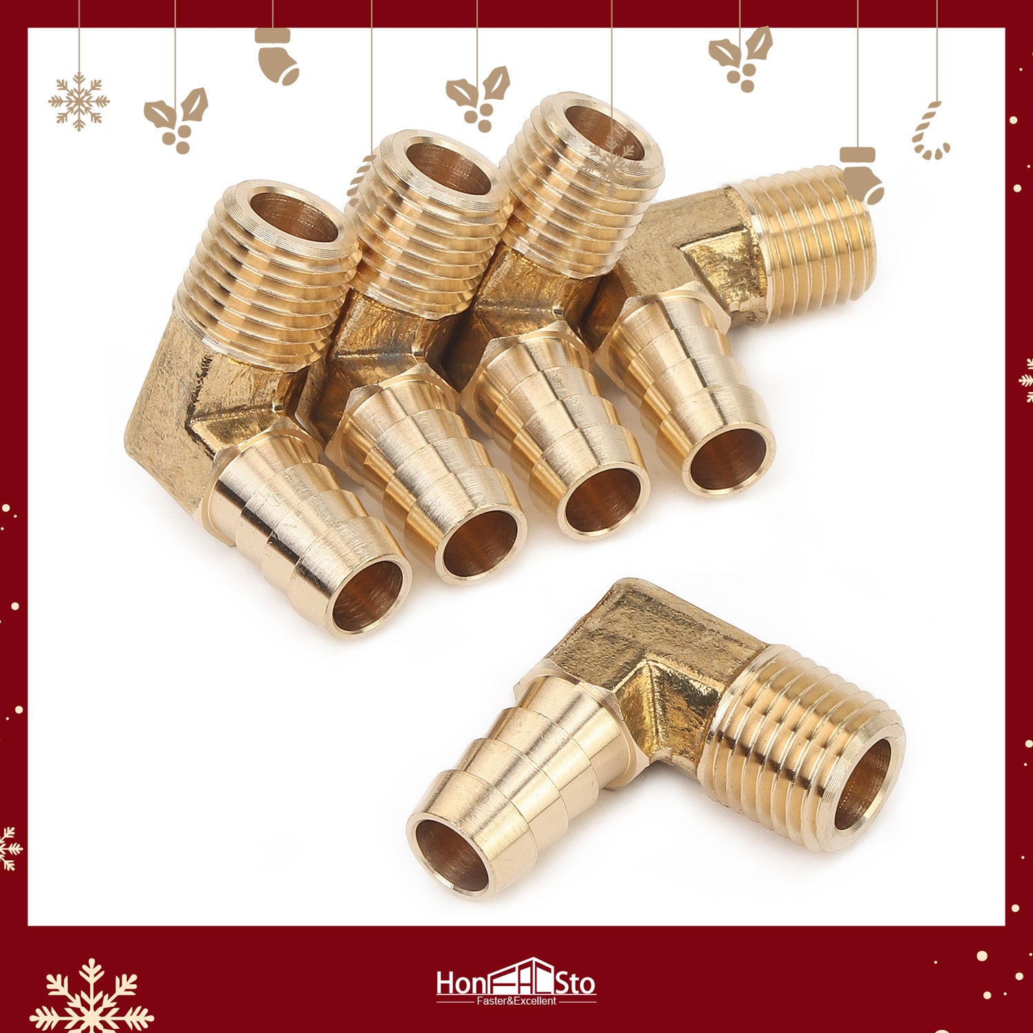 LTWFITTING 90 Degree Elbow Brass Barb Fitting 3/8 ID Hose x 1/4-Inch Male NPT Air Gas (Pack of 5)