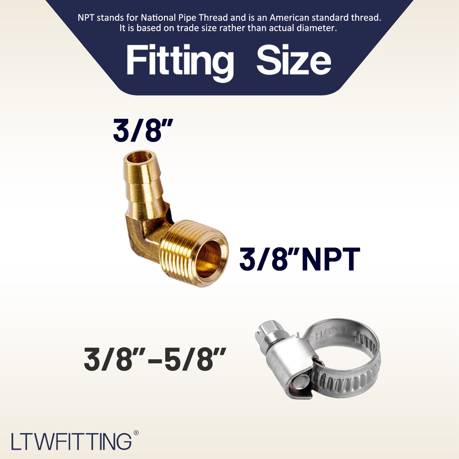 LTWFITTING 2 Sets Repair Kit Brass 3/8 Inch ID Hose x 3/8 Inch Male NPT Barb Elbow with 3/8 - 5/8 Inch (10-16mm) SS316 Hose Clampfor Fuel Systems