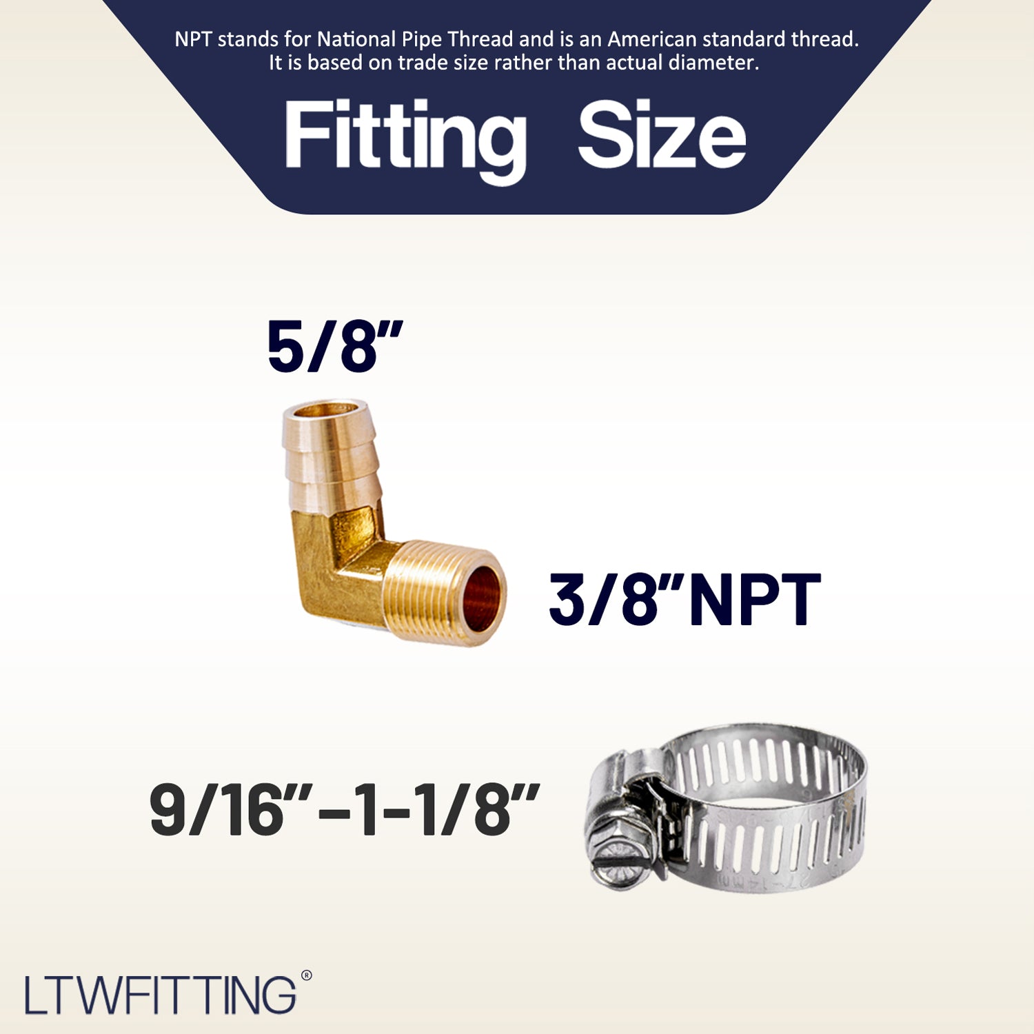 LTWFITTING 2 Sets Repair Kit Brass 5/8 Inch ID Hose x 3/8 Inch Male NPT Barb Elbow with 9/16 - 1-1/8 Inch (14-27mm) SS316 Hose Clamp for Condenser