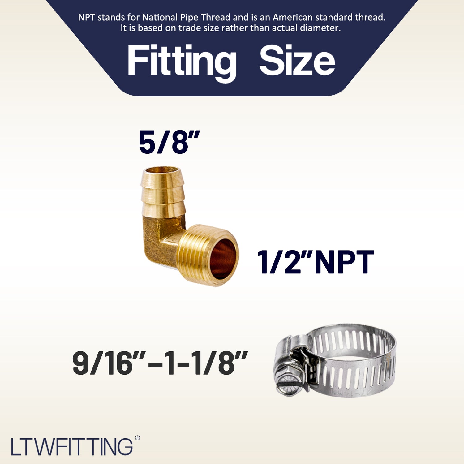 LTWFITTING 2 Sets Repair Kit Brass 5/8 Inch ID Hose x 1/2 Inch Male NPT Barb Elbow with 9/16 - 1-1/8 Inch (14-27mm) SS316 Hose Clamp for Condenser