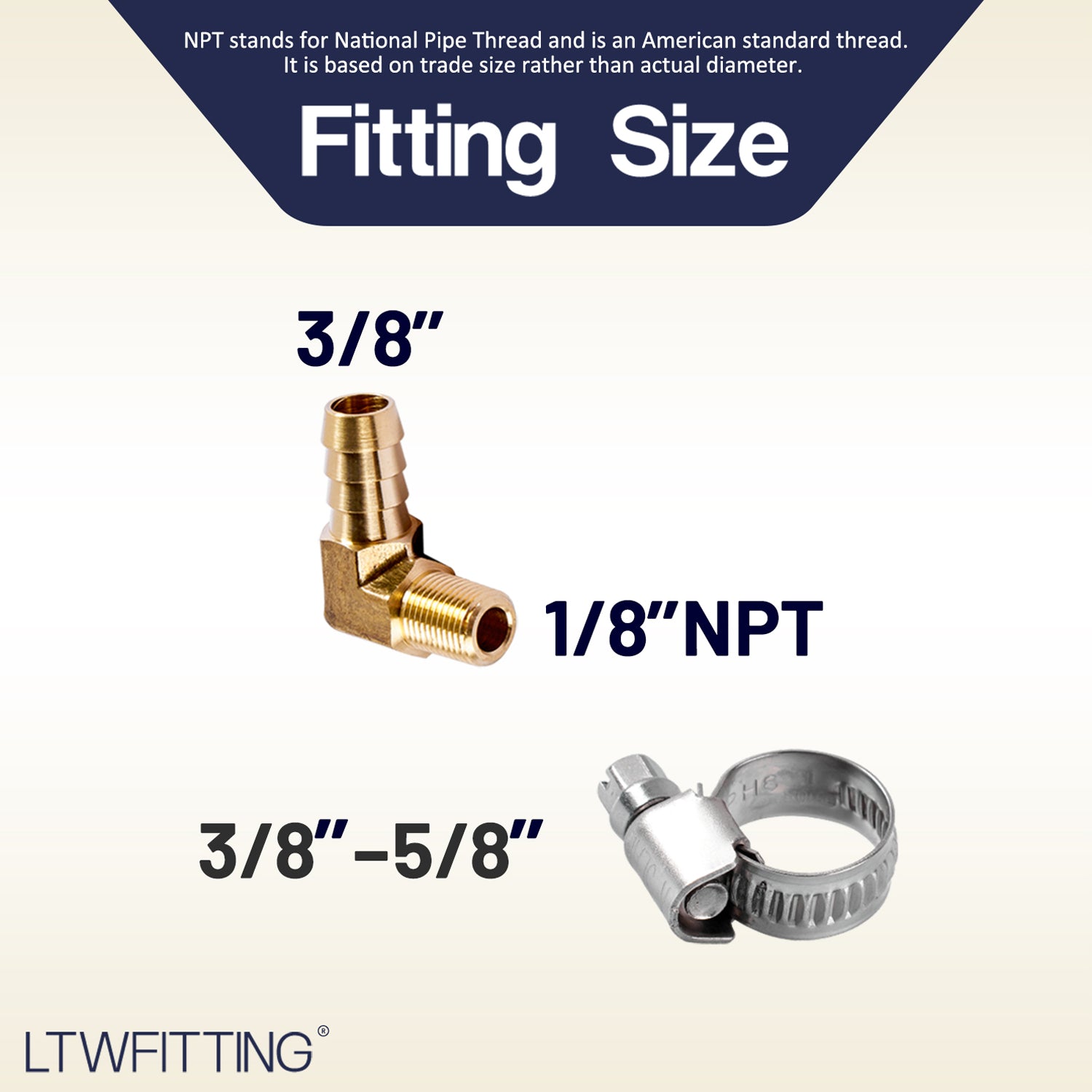 LTWFITTING 2 Sets Repair Kit Brass 3/8 Inch ID Hose x 1/8 Inch Male NPT Barb Elbow with 3/8 - 5/8 Inch (10-16mm) SS316 Hose Clamp for Condenser