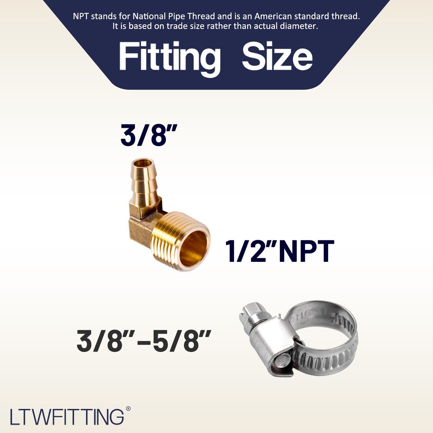 LTWFITTING 2 Sets Repair Kit Brass 3/8 Inch ID Hose x 1/2 Inch Male NPT Barb Elbow with 3/8 - 5/8 Inch (10-16mm) SS316 Hose Clamp for Condenser