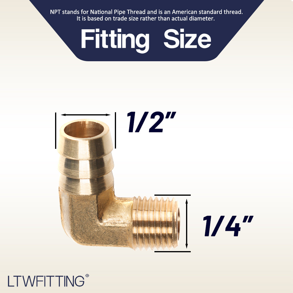 LTWFITTING 90 Degree Elbow Brass Barb Fitting 1/2 ID Hose x 1/4-Inch Male NPT Fuel Boat Water(Pack of 5)