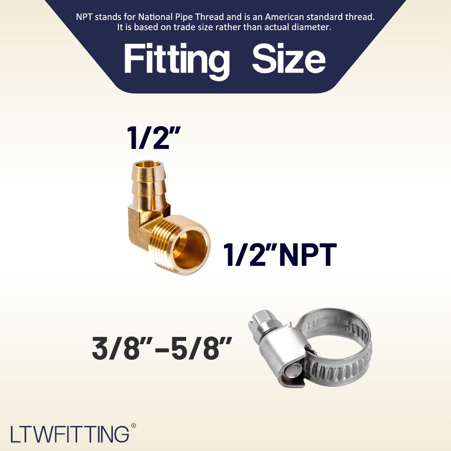 LTWFITTING 2 Sets Repair Kit Brass 1/2 Inch ID Hose x 1/2 Inch Male NPT Barb Elbow with 3/8 - 5/8 Inch (10-16mm) SS316 Hose Clamp for Condenser