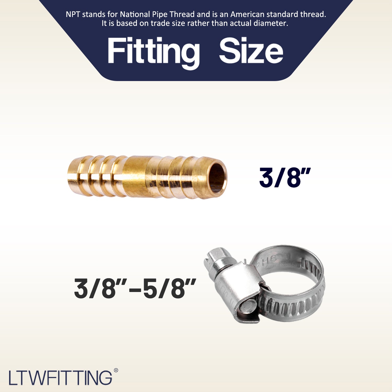 LTWFITTING 2 Sets Repair Kit 3/8 Inch ID Hose Brass Barb Splicer with 3/8 - 5/8 Inch (10-16mm) SS316 Hose Clamp for Automotive Repair