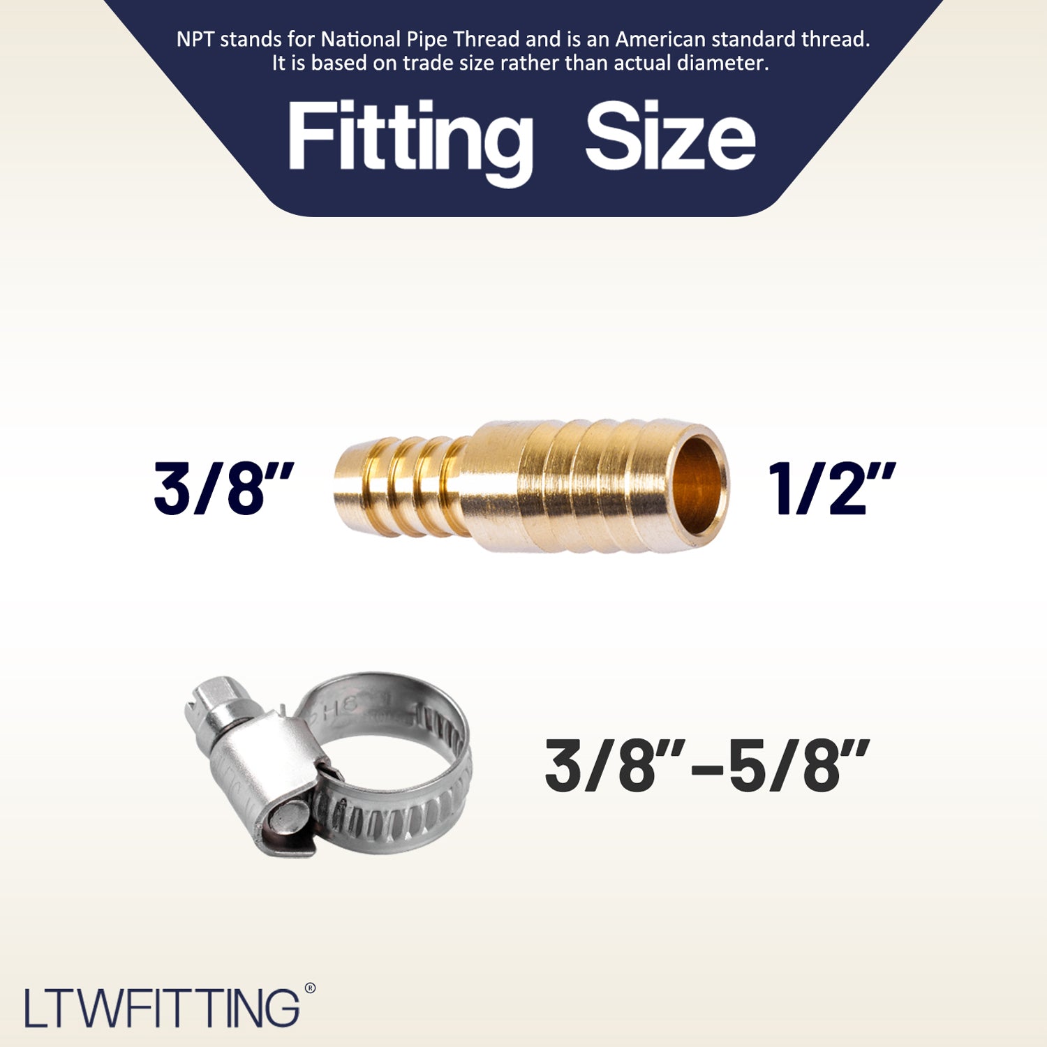 LTWFITTING 2 Sets Repair Kit 3/8 Inch x 1/2 Inch ID Hose Brass Barb Splicer with 3/8 - 5/8 Inch (10-16mm) SS316 Hose Clamp for Automotive Repair