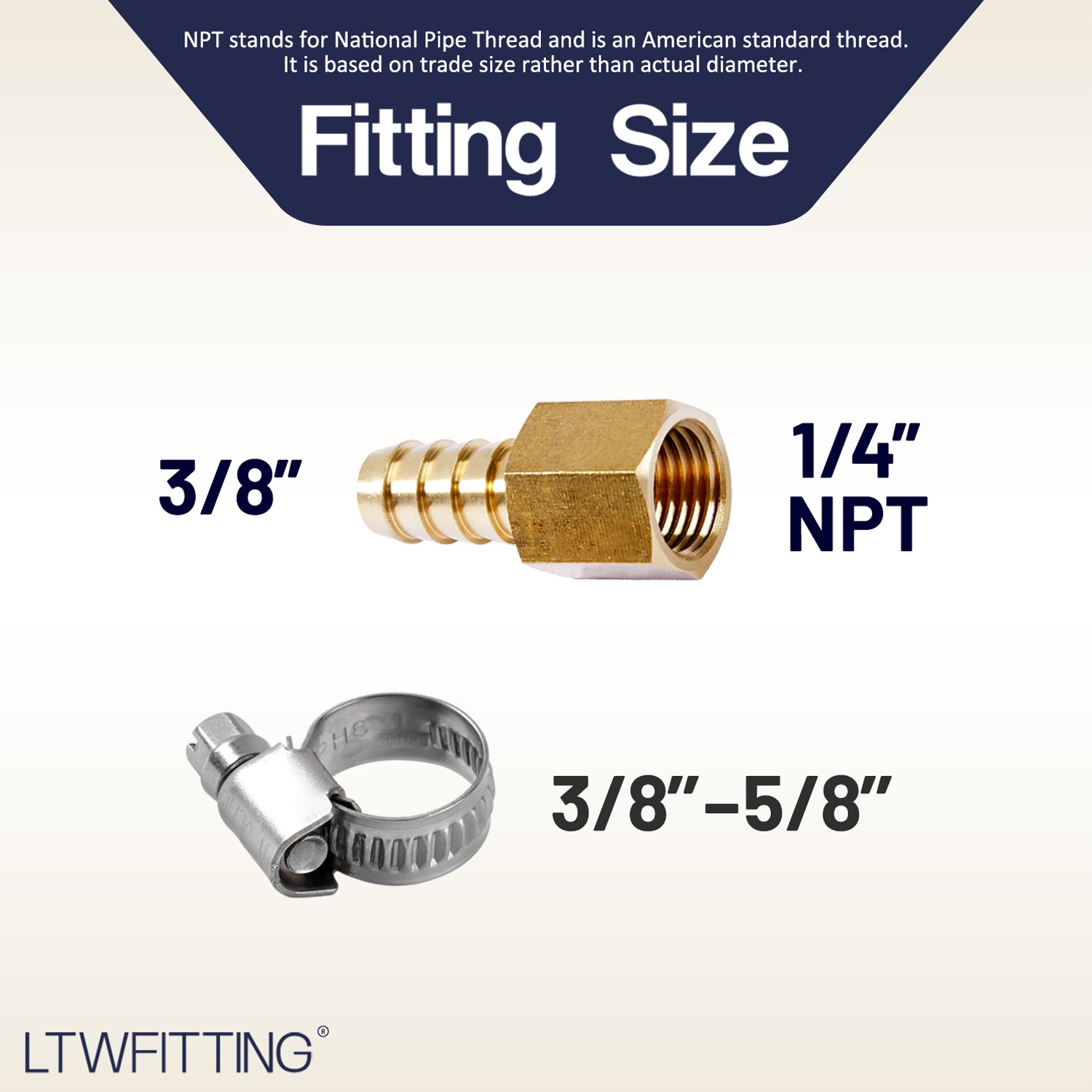 LTWFITTING 2 Sets Repair Kit Brass 3/8 Inch ID Hose x 1/4 Inch Female NPT Barb Connector with 3/8- 5/8 Inch (10-16mm) SS316 Hose Clamp for Air Compressor