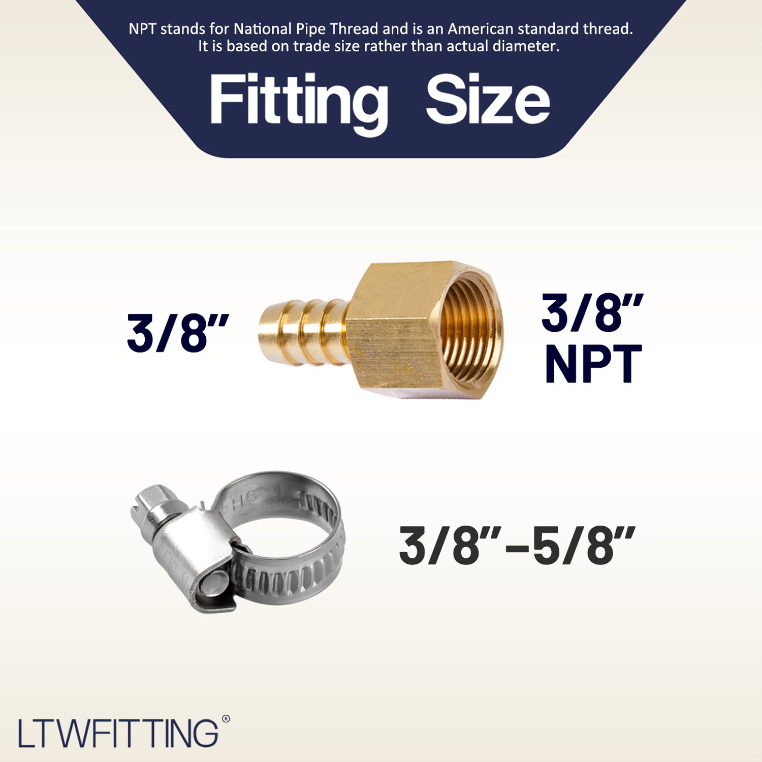 LTWFITTING 2 Sets Repair Kit Brass 3/8 Inch ID Hose x 3/8 Inch Female NPT Barb Connector with 3/8- 5/8 Inch (10-16mm) SS316 Hose Clamp for Air Compressor