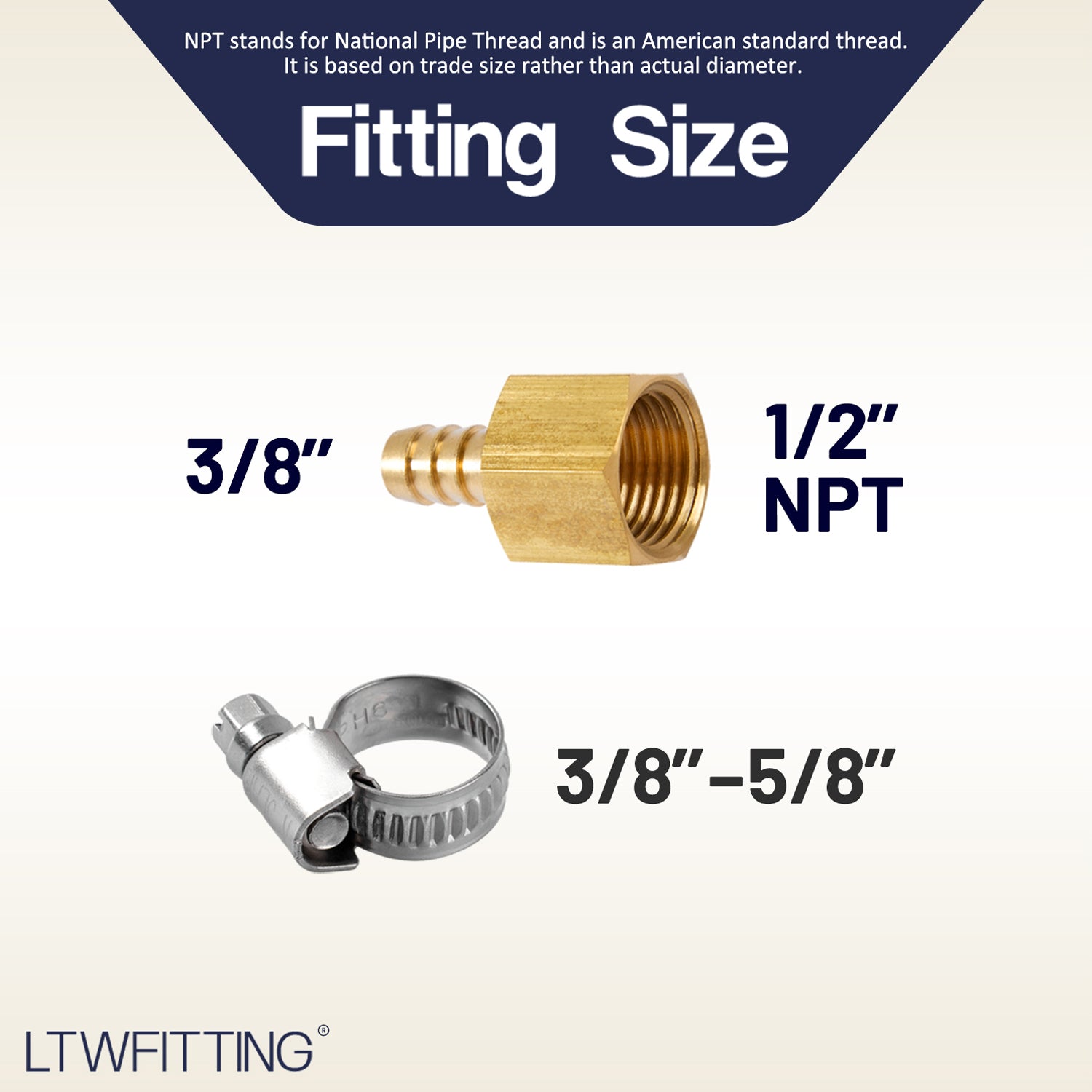 LTWFITTING 2 Sets Repair Kit Brass 3/8 Inch ID Hose x 1/2 Inch Female NPT Barb Connector with 3/8- 5/8 Inch (10-16mm) SS316 Hose Clamp for Air Compressor