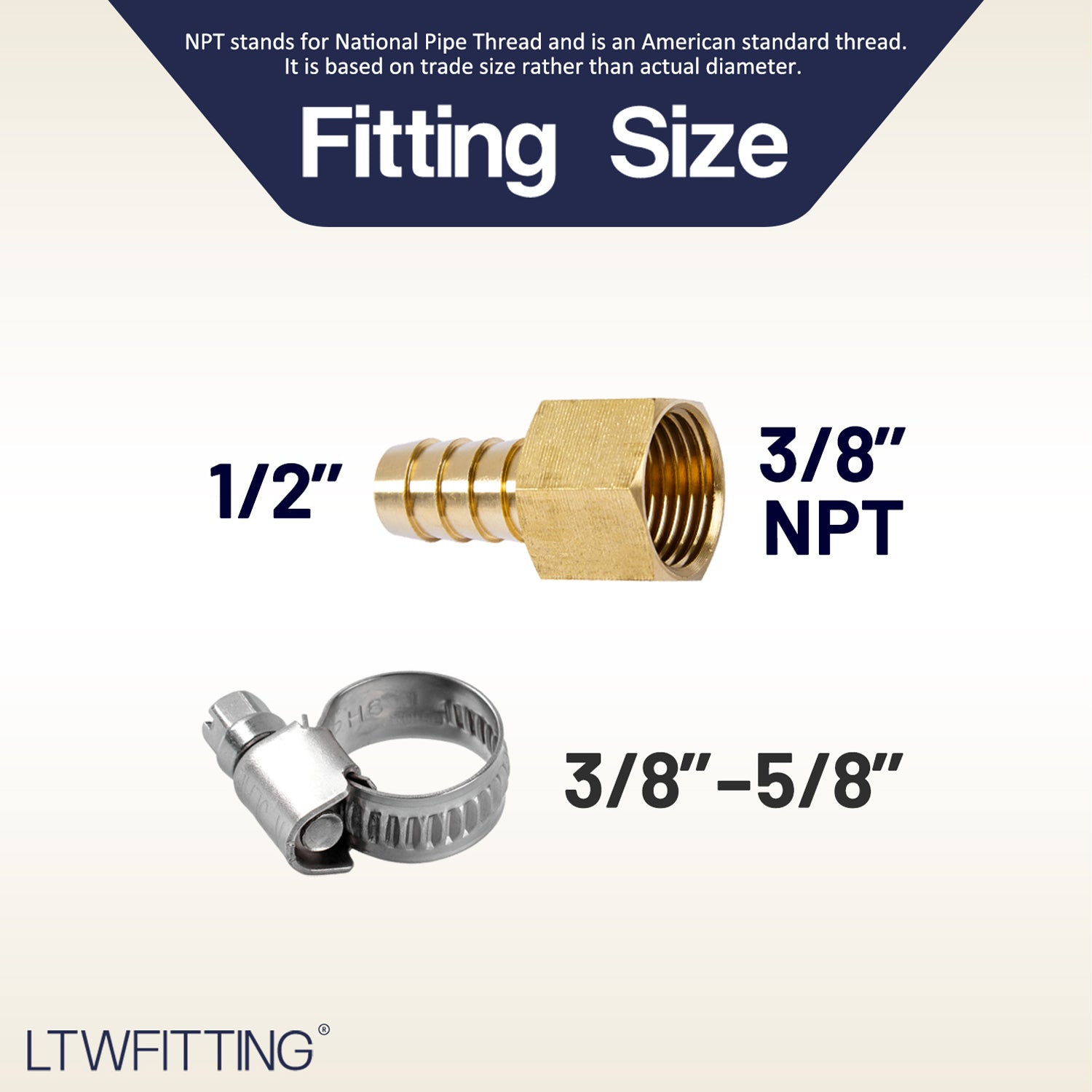 LTWFITTING 2 Sets Repair Kit Brass 1/2 Inch ID Hose x 3/8 Inch Female NPT Barb Connector with 3/8- 5/8 Inch (10-16mm) SS316 Hose Clamp for Air Compressor
