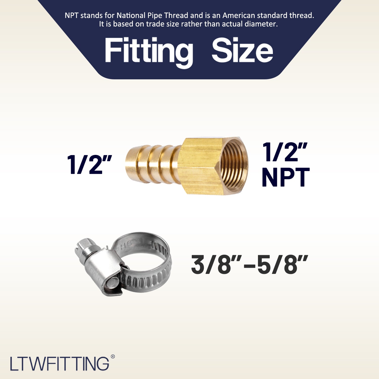 LTWFITTING 2 Sets Repair Kit Brass 1/2 Inch ID Hose x 1/2 Inch Female NPT Barb Connector with 3/8- 5/8 Inch (10-16mm) SS316 Hose Clamp for Air Compressor