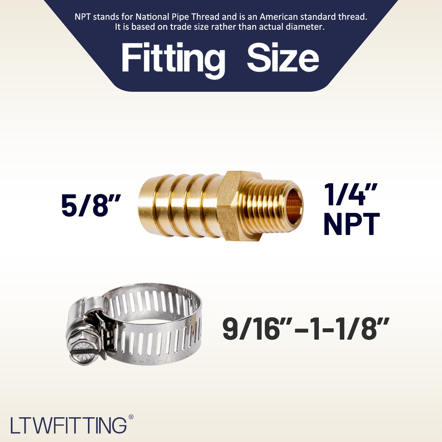 LTWFITTING 2 Sets Repair Kit Brass 5/8 Inch ID Hose x 1/4 Inch Male NPT Barb Connector with 9/16 - 1-1/8 Inch (14-27mm) SS316 Hose Clamp for Air Compressor