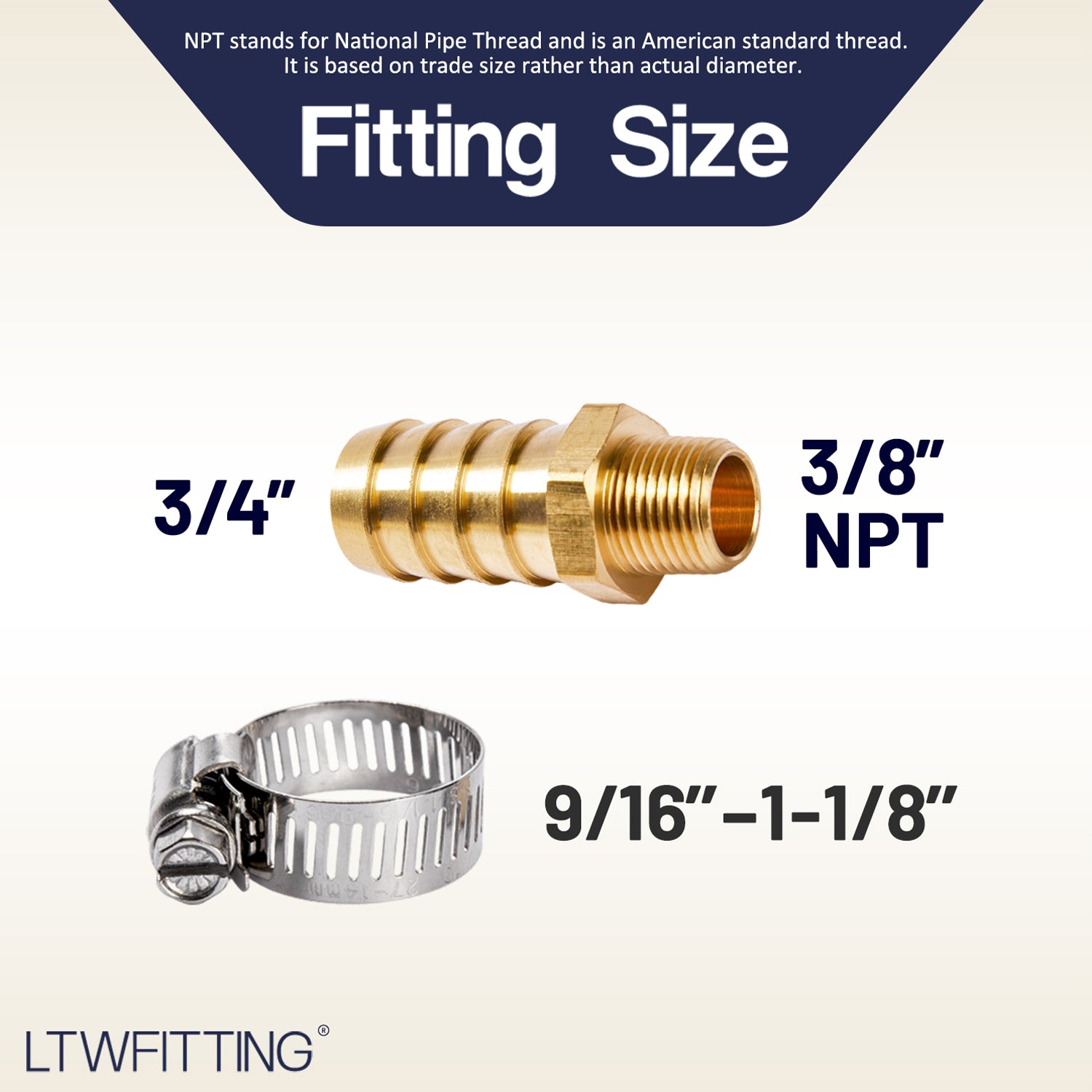 LTWFITTING 2 Sets Repair Kit Brass 3/4 Inch ID Hose x 3/8 Inch Male NPT Barb Connector with 9/16 - 1-1/8 Inch (14-27mm) SS316 Hose Clamp for Fuel Systems