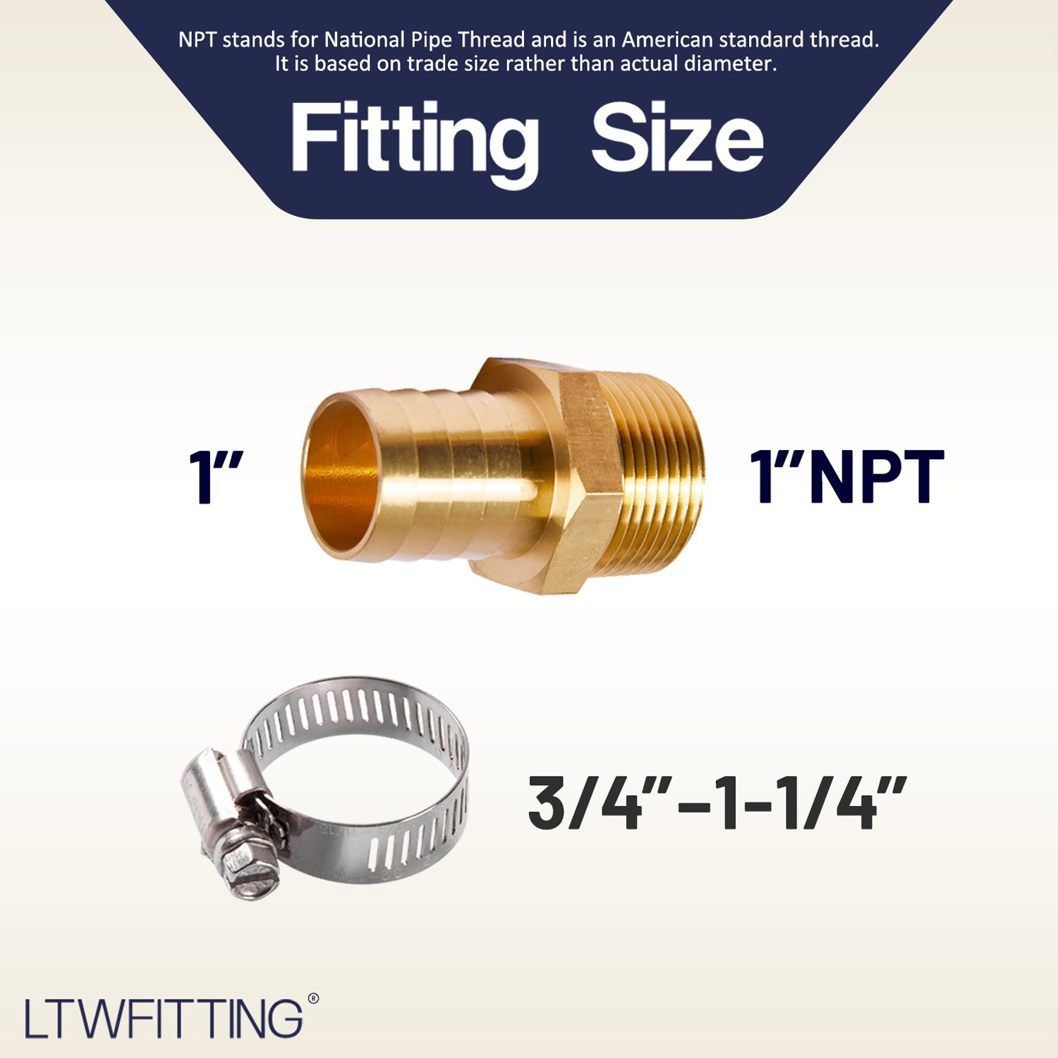 LTWFITTING 2 Sets Repair Kit Brass1 Inch ID Hose x 1 Inch Male NPT Barb Connector with 3/4¨C1-1/4 Inch (17-32mm) SS316 Hose Clamp for Garden Watering