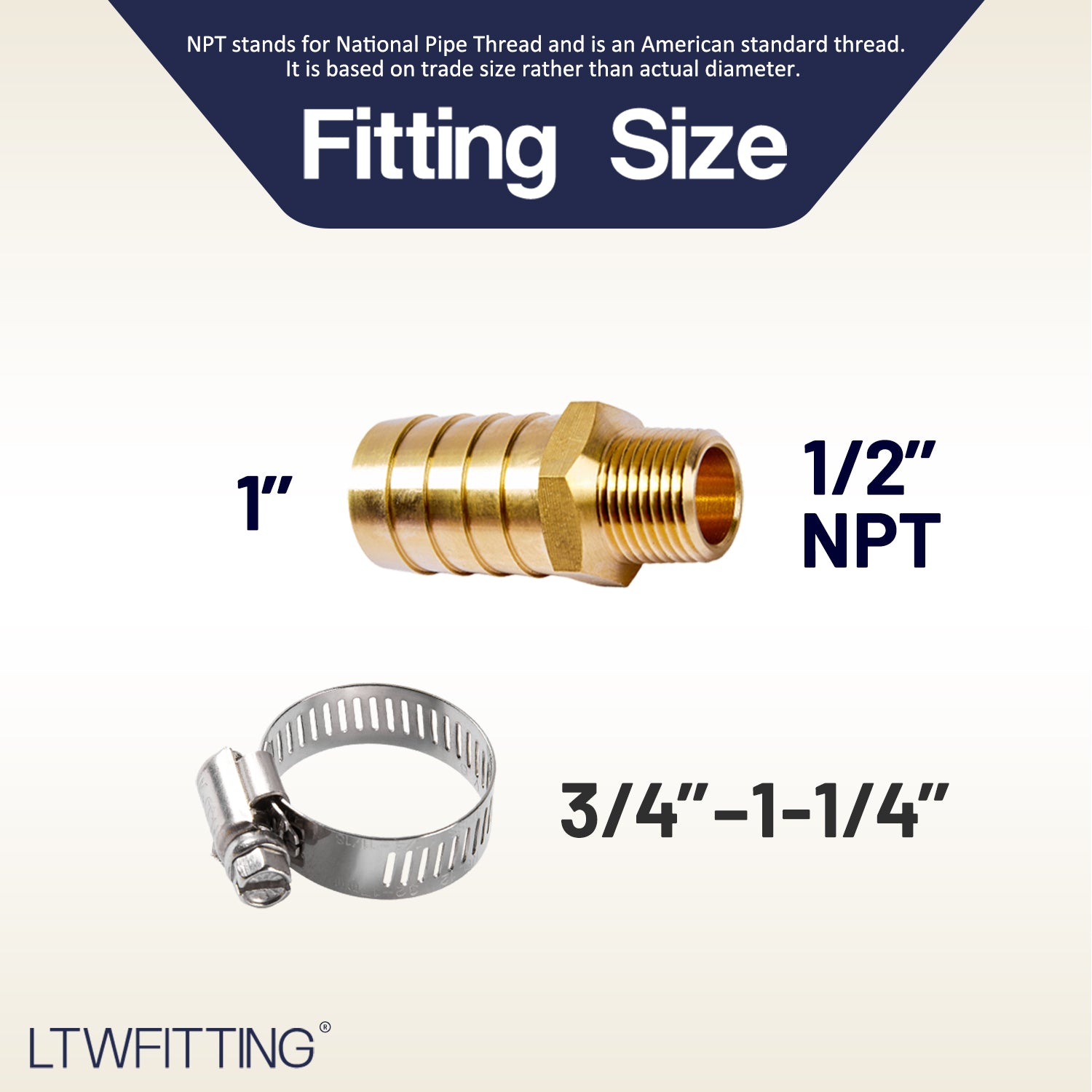 LTWFITTING 2 Sets Repair Kit Brass1 Inch ID Hose x 1/2 Inch Male NPT Barb Connector with 3/4 ¨C1-1/4 Inch (17-32mm) SS316 Hose Clamp for Garden Watering