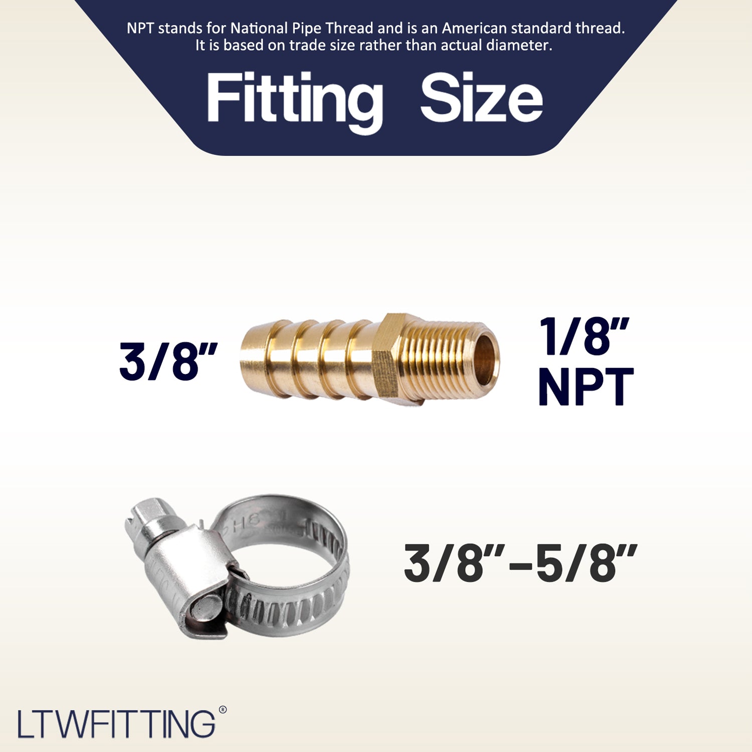 LTWFITTING 2 Sets Repair Kit Brass 3/8 Inch ID Hose x 1/8 Inch Male NPT Barb Connector with 3/8 - 5/8 Inch (10-16mm) SS316 Hose Clamp for Fuel Systems