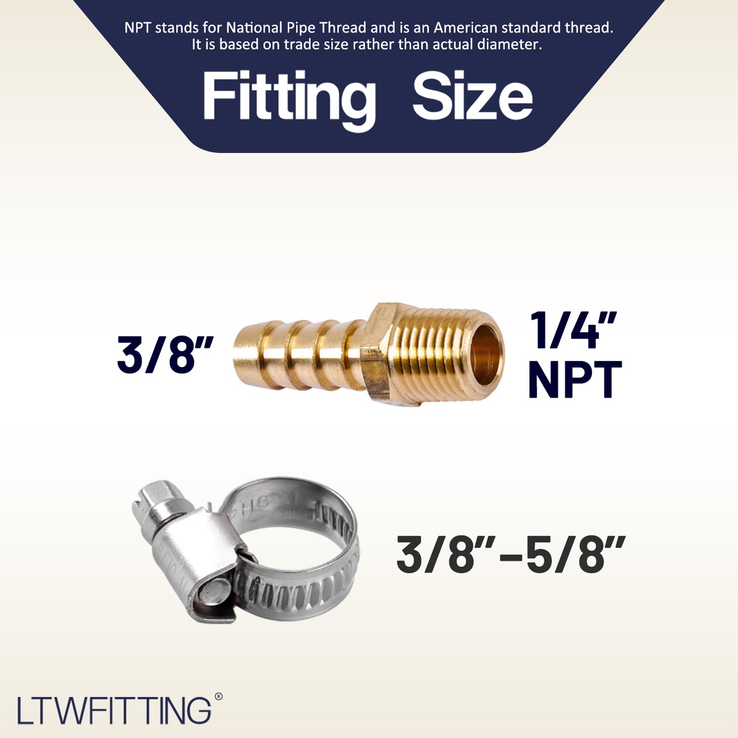LTWFITTING 2 Sets Repair Kit Brass 3/8 Inch ID Hose x 1/4 Inch Male NPT Barb Connector with 3/8 - 5/8 Inch (10-16mm) SS316 HoseClamp for Fuel Systems