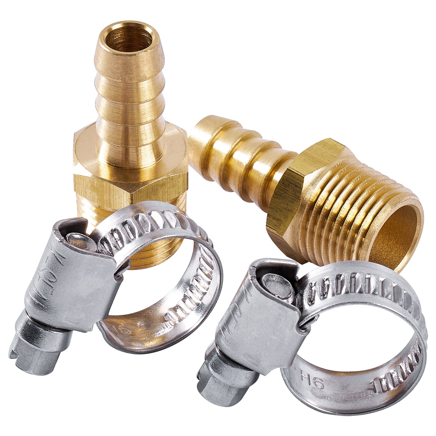 LTWFITTING 2 Sets Repair Kit Brass 3/8 Inch ID Hose x 3/8 Inch Male NPT Barb Connector with 3/8 - 5/8 Inch (10-16mm) SS316 Hose Clamp for Fuel Systems
