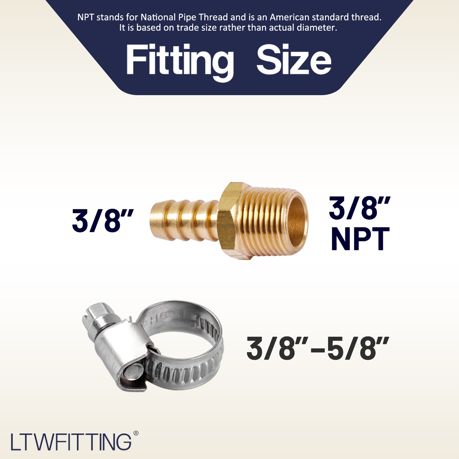 LTWFITTING 2 Sets Repair Kit Brass 3/8 Inch ID Hose x 3/8 Inch Male NPT Barb Connector with 3/8 - 5/8 Inch (10-16mm) SS316 Hose Clamp for Fuel Systems