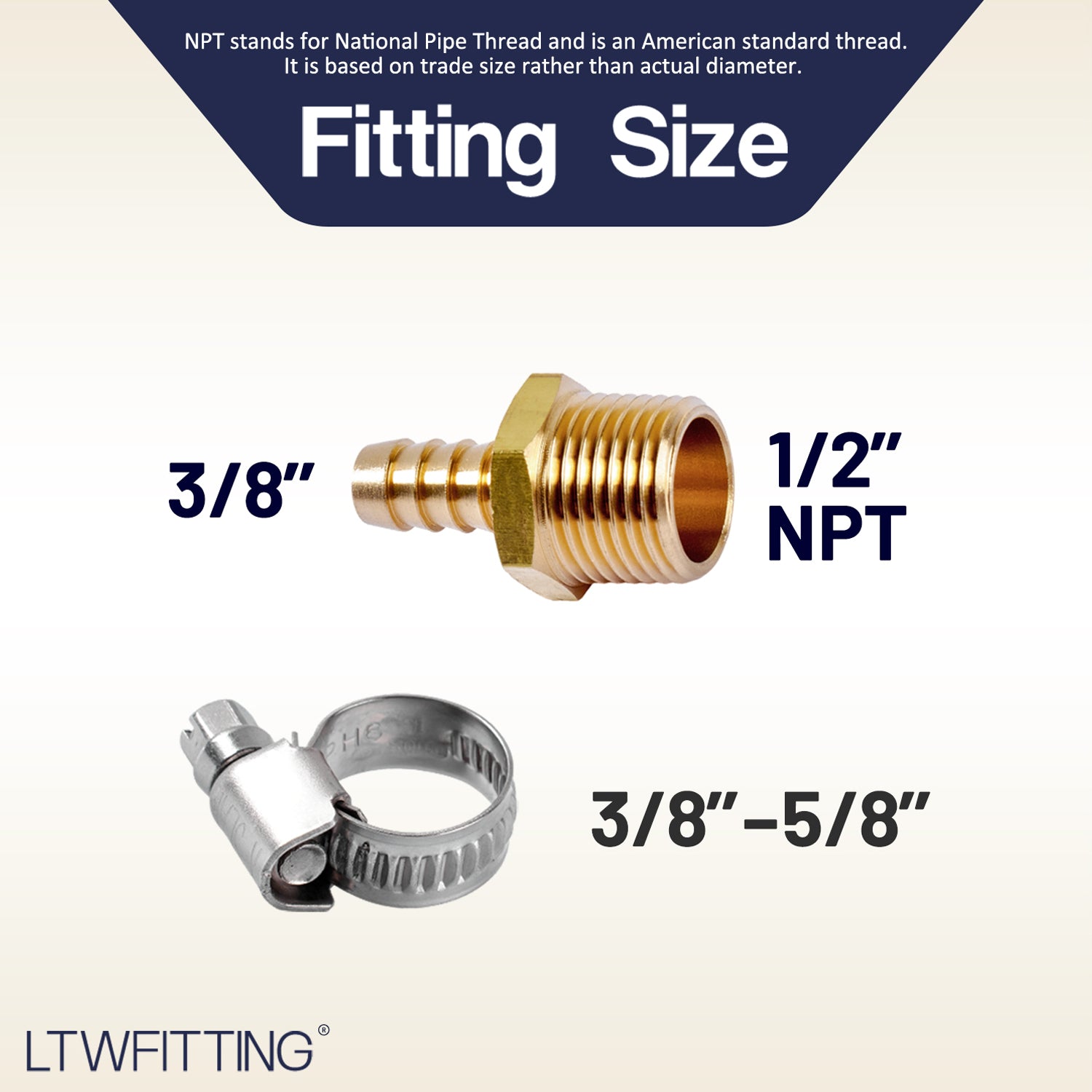 LTWFITTING 2 Sets Repair Kit Brass 3/8 Inch ID Hose x 1/2 Inch Male NPT Barb Connector with 3/8 - 5/8 Inch (10-16mm) SS316 Hose Clamp for Fuel Systems