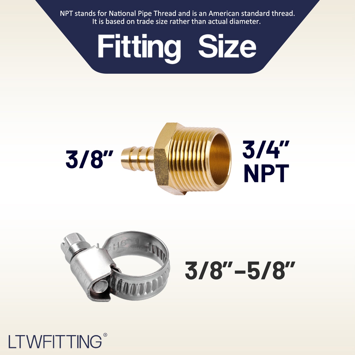 LTWFITTING 2 Sets Repair Kit Brass 3/8 Inch ID Hose x 3/4 Inch Male NPT Barb Connector with 3/8 - 5/8 Inch (10-16mm) SS316 Hose Clamp for Fuel Systems