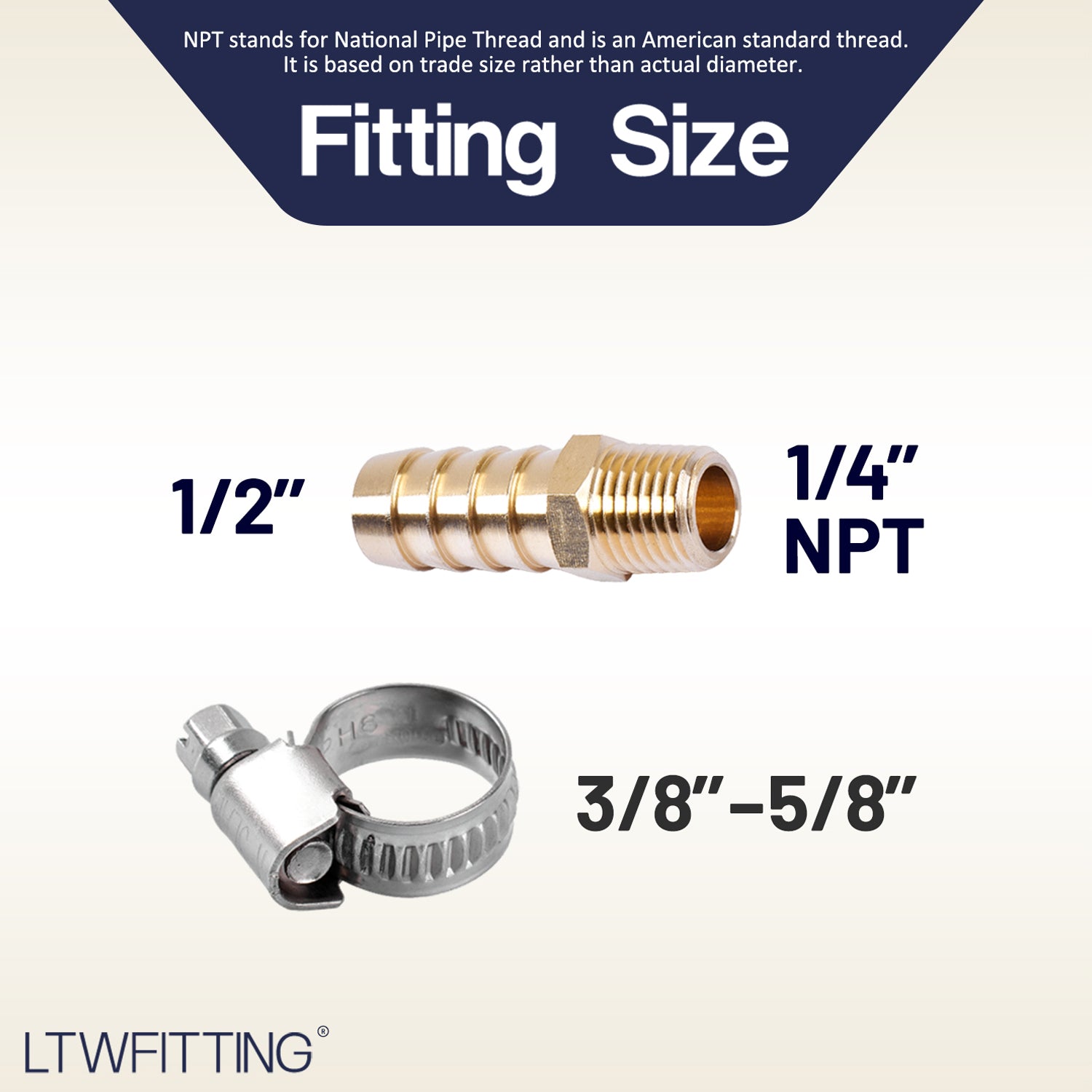LTWFITTING 2 Sets Repair Kit Brass 1/2 Inch ID Hose x 1/4 Inch Male NPT Barb Connector with 3/8 - 5/8 Inch (10-16mm) SS316 Hose Clampfor Fuel Systems
