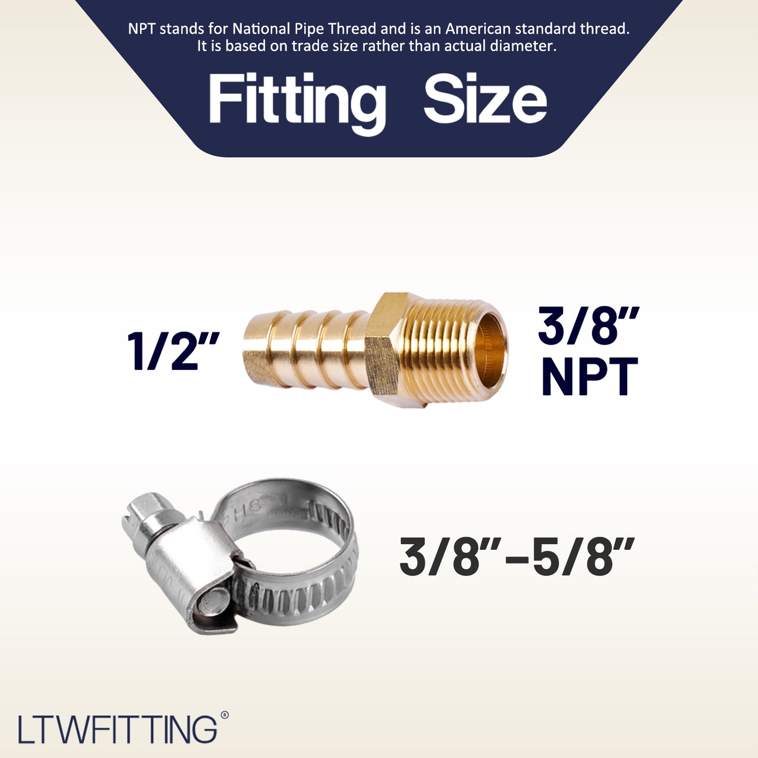 LTWFITTING 2 Sets Repair Kit Brass 1/2 Inch ID Hose x 3/8 Inch Male NPT Barb Connector with 3/8 - 5/8 Inch (10-16mm) SS316 Hose Clampfor Fuel Systems