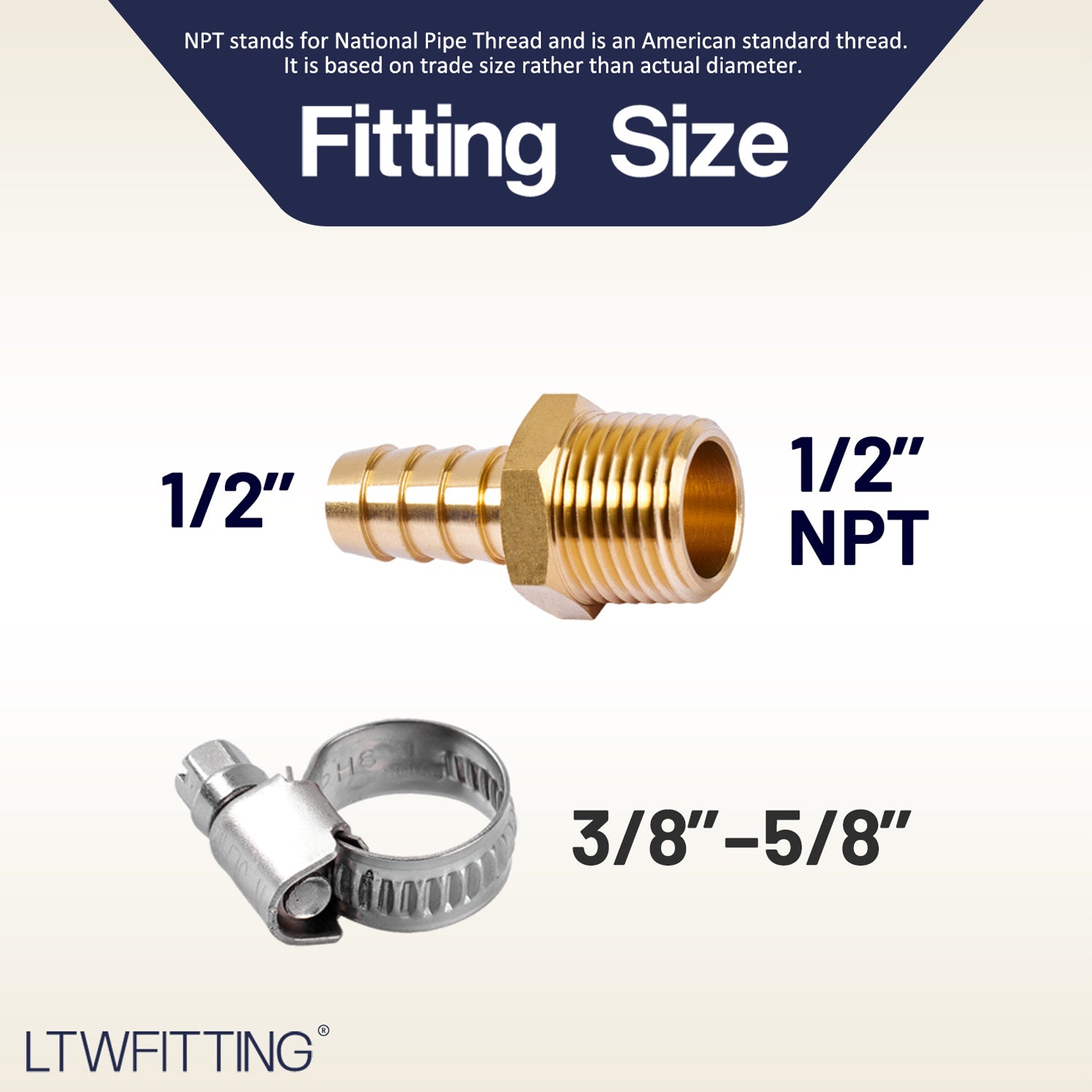 LTWFITTING 2 Sets Repair Kit Brass 1/2 Inch ID Hose x 1/2 Inch Male NPT Barb Connector with 3/8 - 5/8 Inch (10-16mm) SS316 Hose Clampfor Fuel Systems