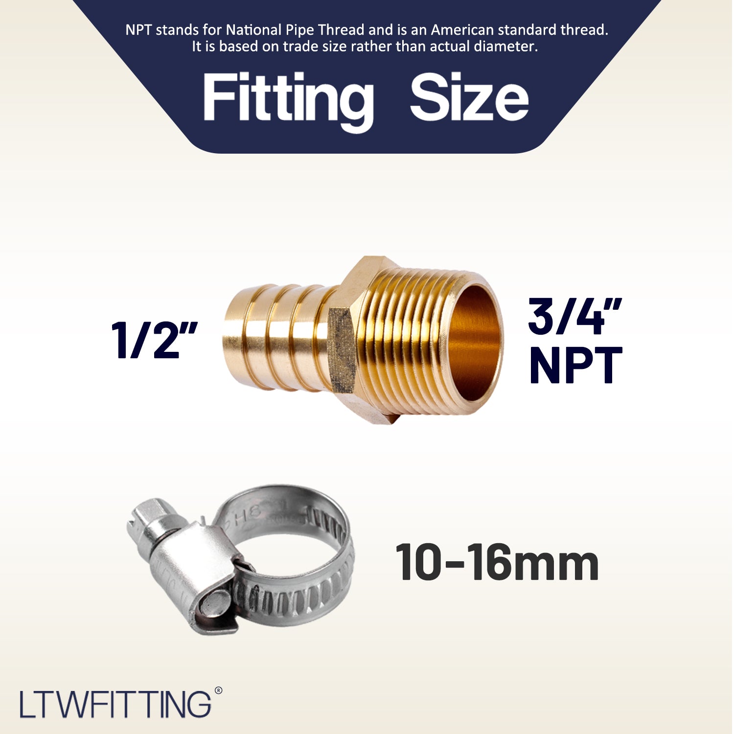 LTWFITTING 2 Sets Repair Kit Brass 1/2 Inch ID Hose x 3/4 Inch Male NPT Barb Connector with 3/8 - 5/8 Inch (10-16mm) SS316 Hose Clampfor Fuel Systems