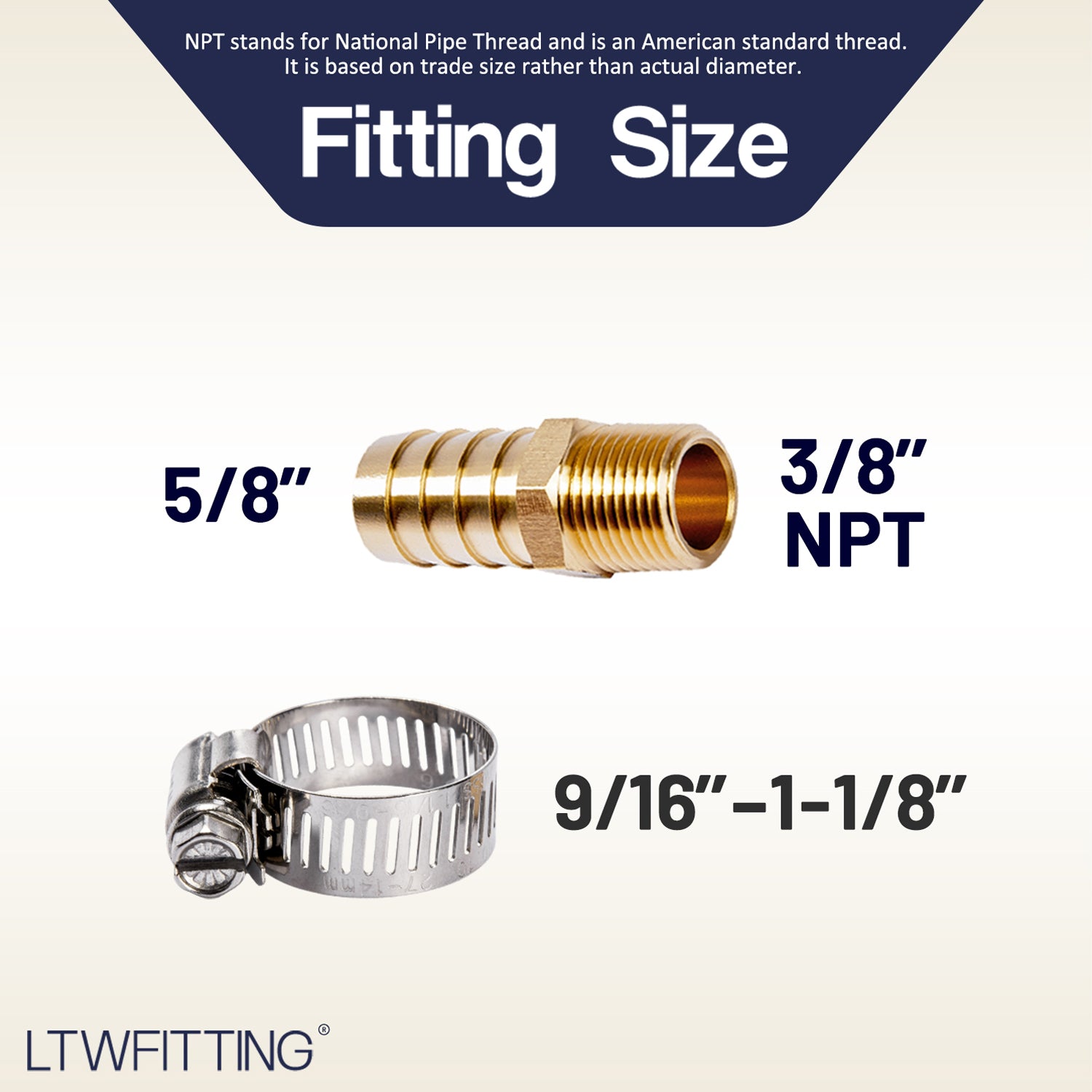 LTWFITTING 2 Sets Repair Kit Brass 5/8 Inch ID Hose x 3/8 Inch Male NPT Barb Connector with 9/16 - 1-1/8 Inch (14-27mm) SS316 Hose Clampfor Fuel Systems