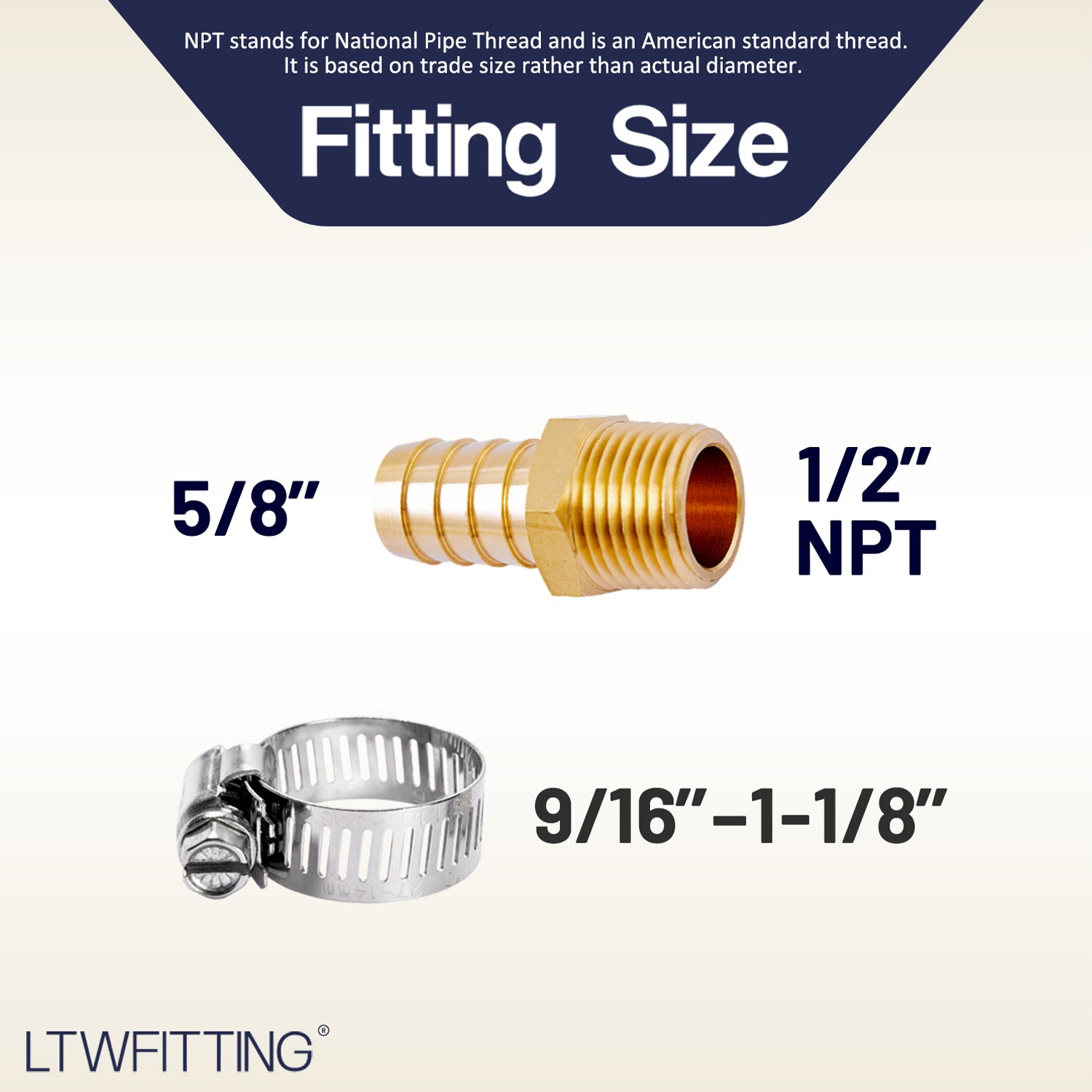 LTWFITTING 2 Sets Repair Kit Brass 5/8 Inch ID Hose x 1/2 Inch Male NPT Barb Connector with 9/16 - 1-1/8 Inch (14-27mm) SS316 Hose Clampfor Fuel Systems