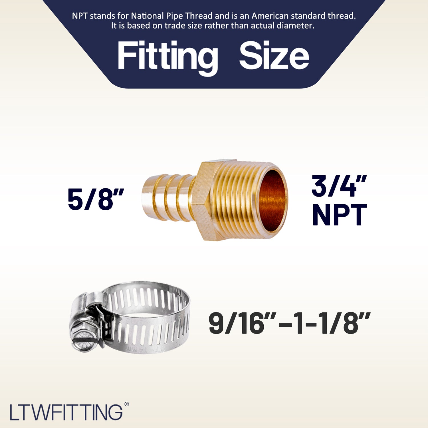 LTWFITTING 2 Sets Repair Kit Brass 5/8 Inch ID Hose x 3/4 Inch Male NPT Barb Connector with 9/16 - 1-1/8 Inch (14-27mm) SS316 Hose Clampfor Fuel Systems