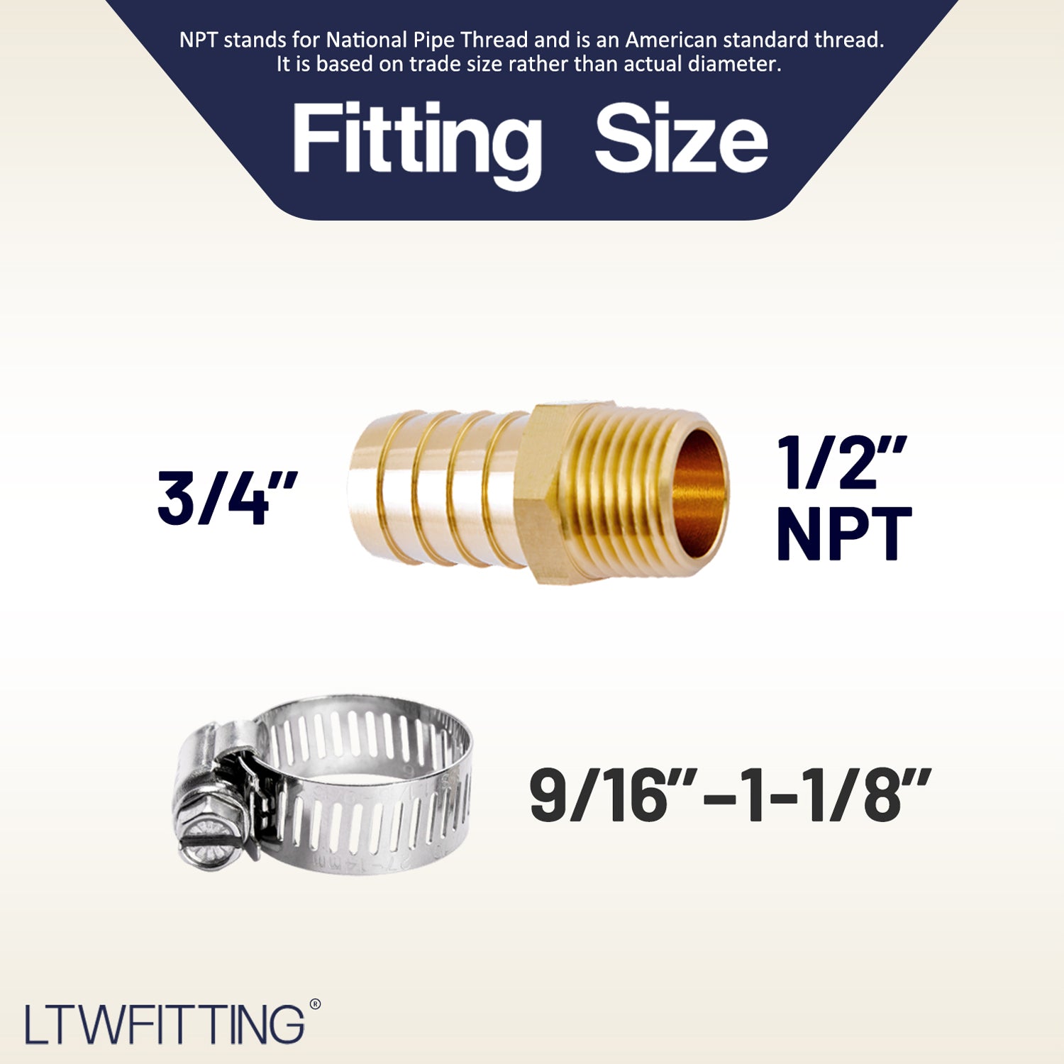 LTWFITTING 2 Sets Repair Kit Brass 3/4 Inch ID Hose x 1/2 Inch Male NPT Barb Connector with 9/16 - 1-1/8 Inch (14-27mm) SS316 Hose Clampfor Fuel Systems