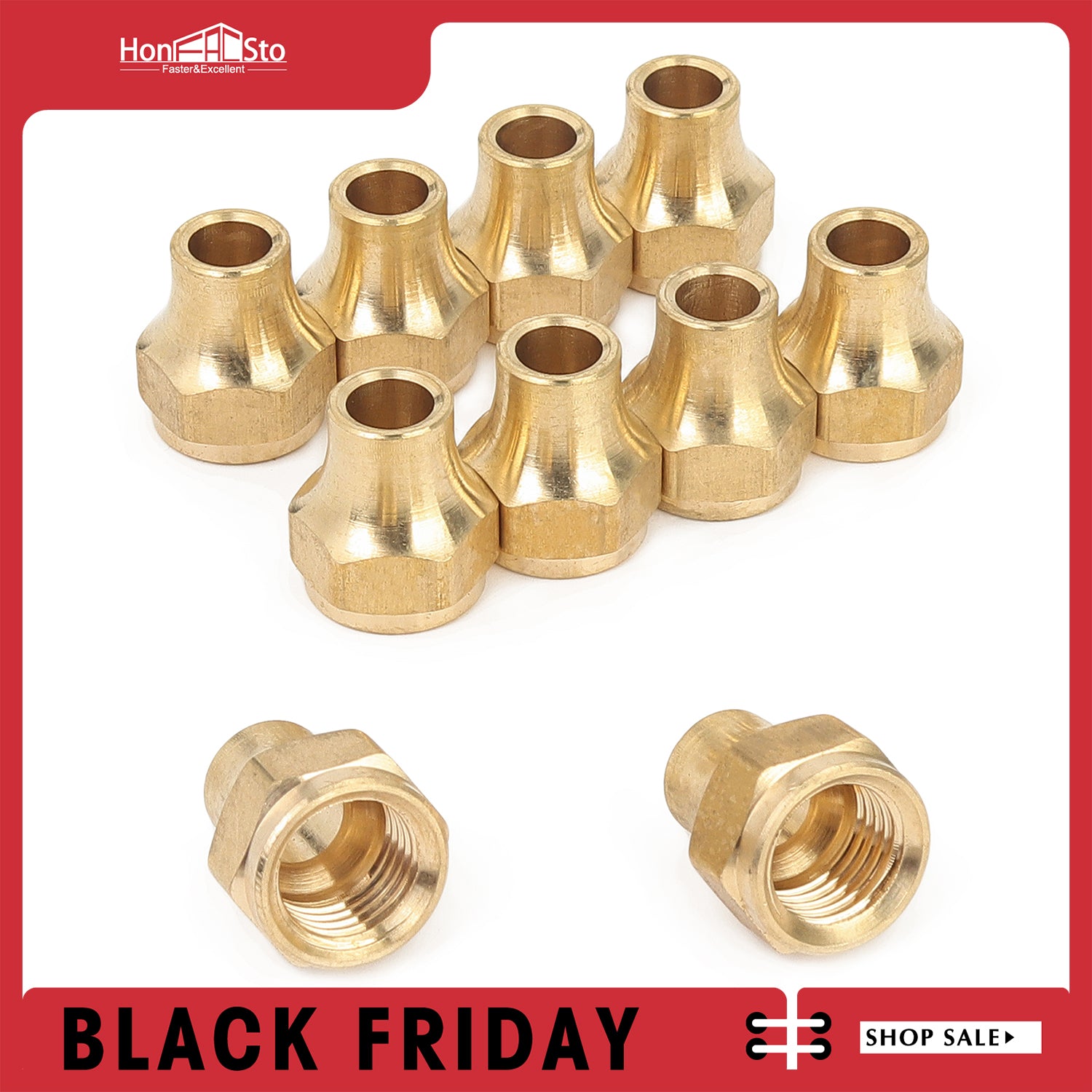 Brass 1/4 Inch OD Short 45 Degree Flare Nut,Brass Flare Tube Fitting(Pack of 10)