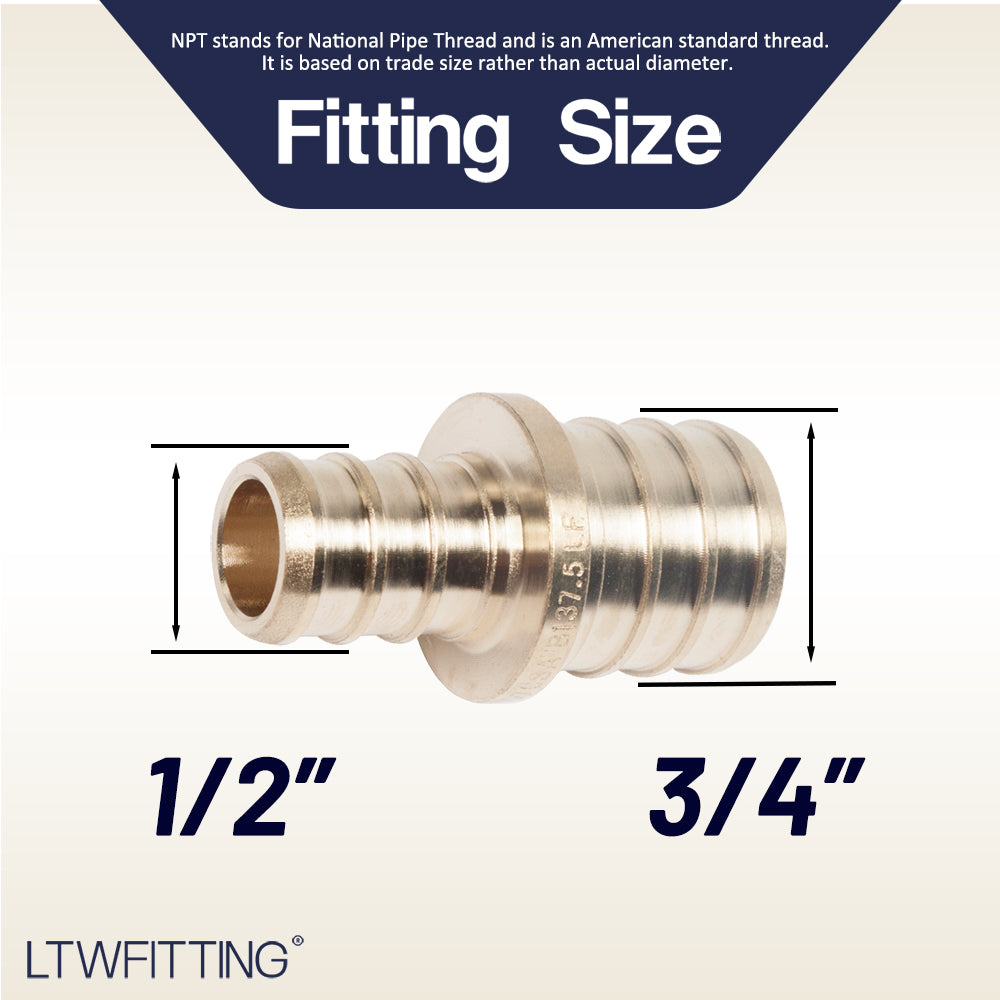 LTWFITTING Lead Free Brass PEX Crimp Fitting 1/2-Inch x 3/4-Inch PEX Reducing Coupling (Pack of 5)