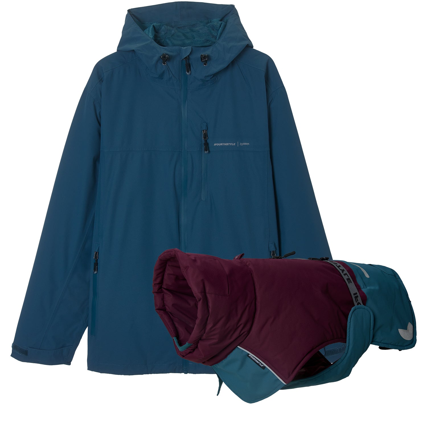 IFOURTHSTYLE Dog Waterproof Winter Jacket & Packable Rain Jacket Human Matching Set (Blue)