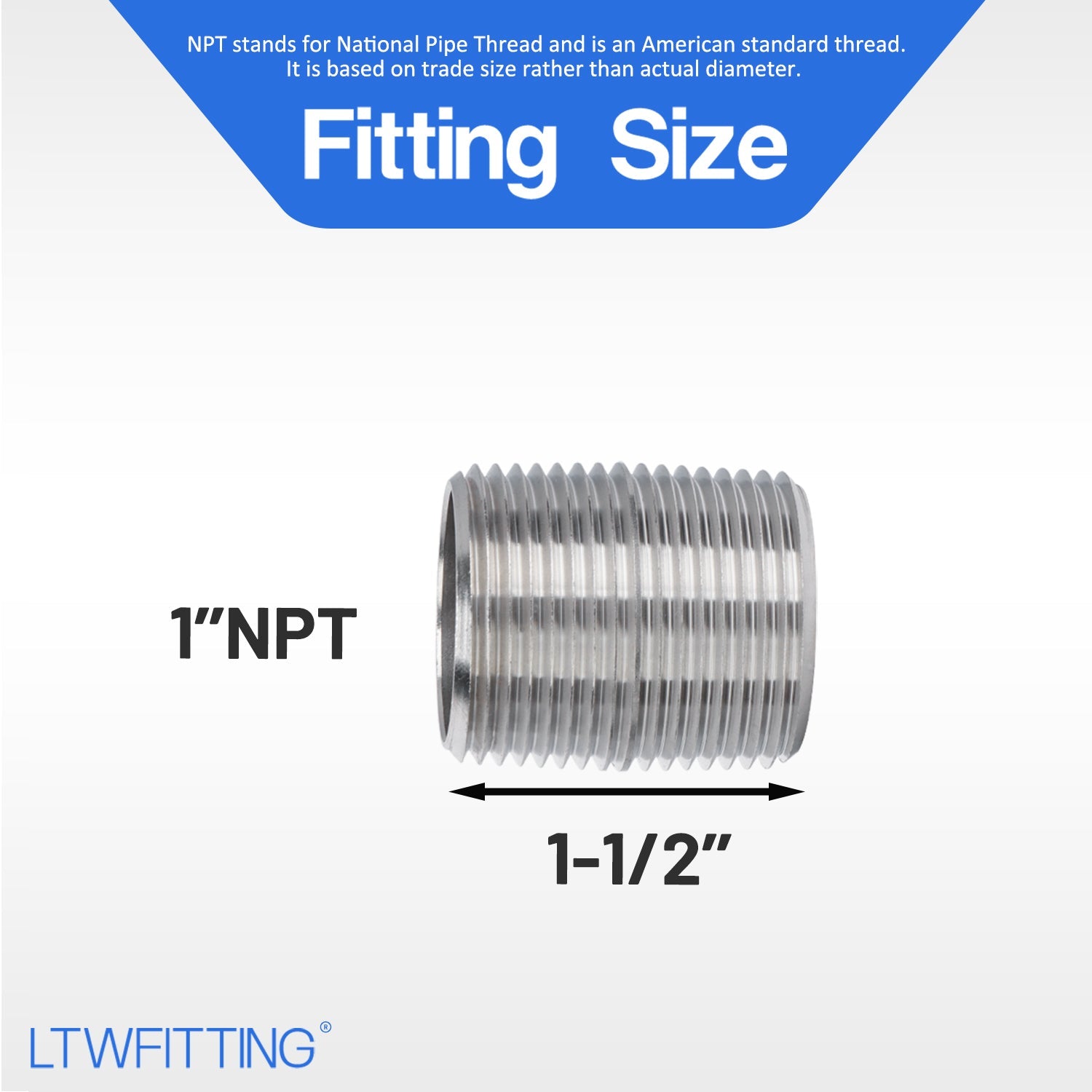 LTWFITTING Stainless Steel 316 Pipe 1-1/2 Inch Long Nipple Fitting 1 Inch Male NPT (Pack of 20)