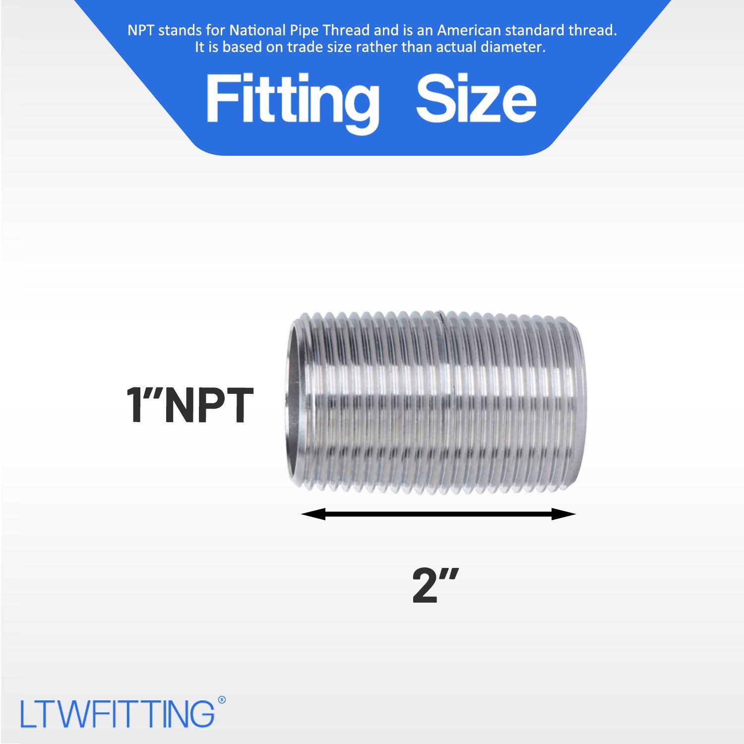 LTWFITTING Stainless Steel 316 Pipe 2 Inch Long Nipple Fitting 1 Inch Male NPT (Pack of 20)