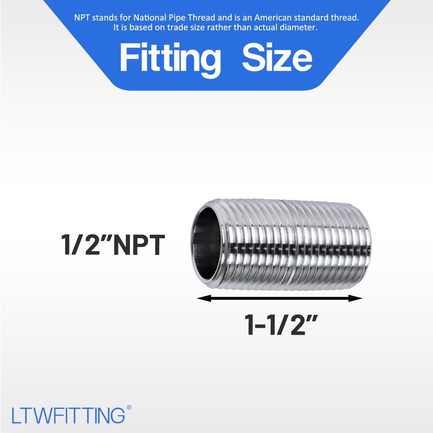 LTWFITTING Stainless Steel 316 Pipe 1-1/2 Inch Close Nipple Fitting 1/2 Inch Male NPT (Pack of  5)